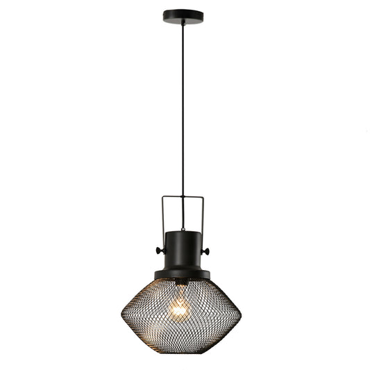 Black industrial pendant light with diamondshaped mesh shade and exposed bulb