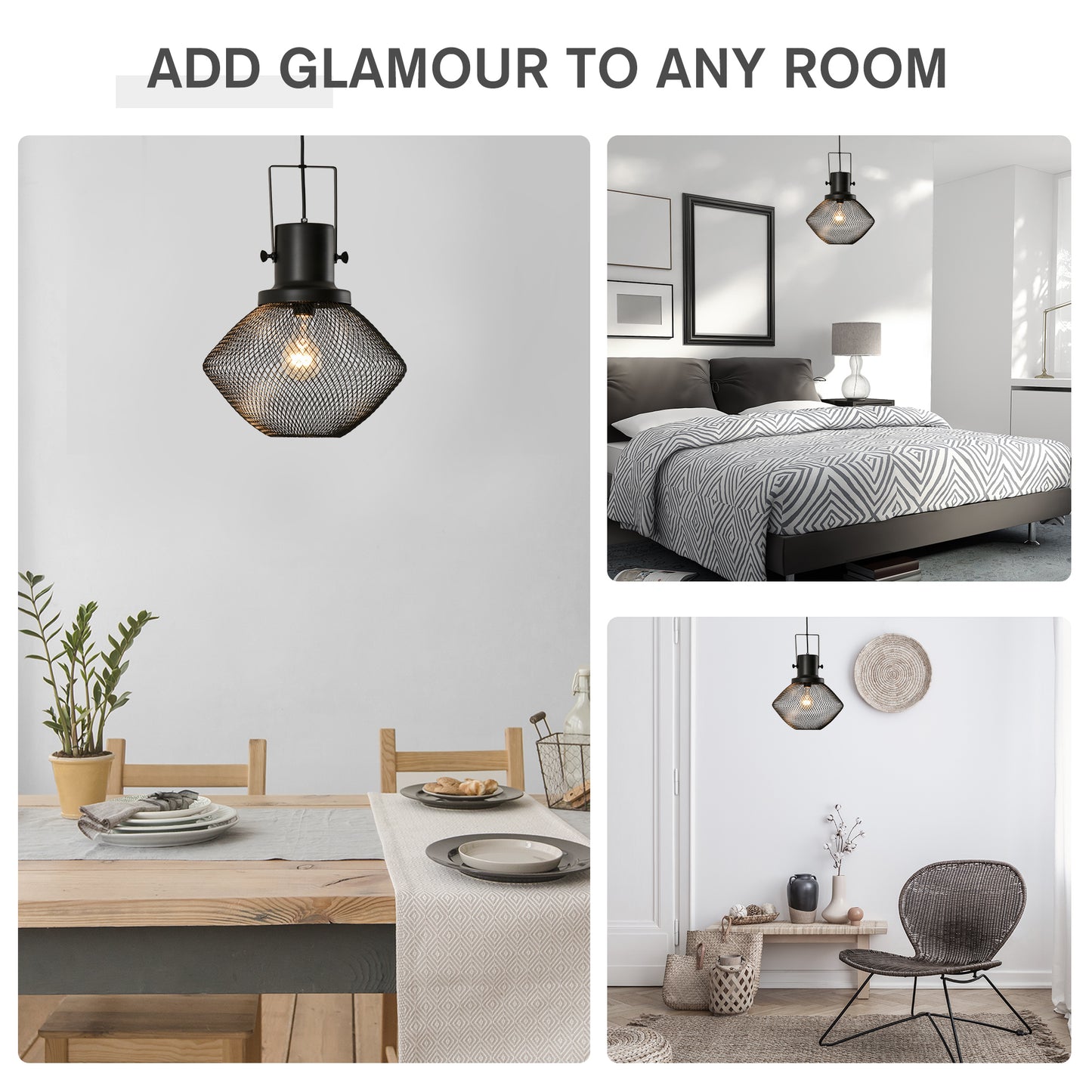 Black metal mesh pendant light with geometric shade ideal for dining rooms