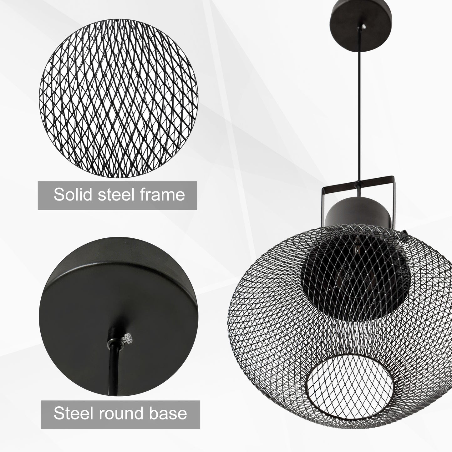 Black metal mesh pendant light with a wire cage shade and steel base