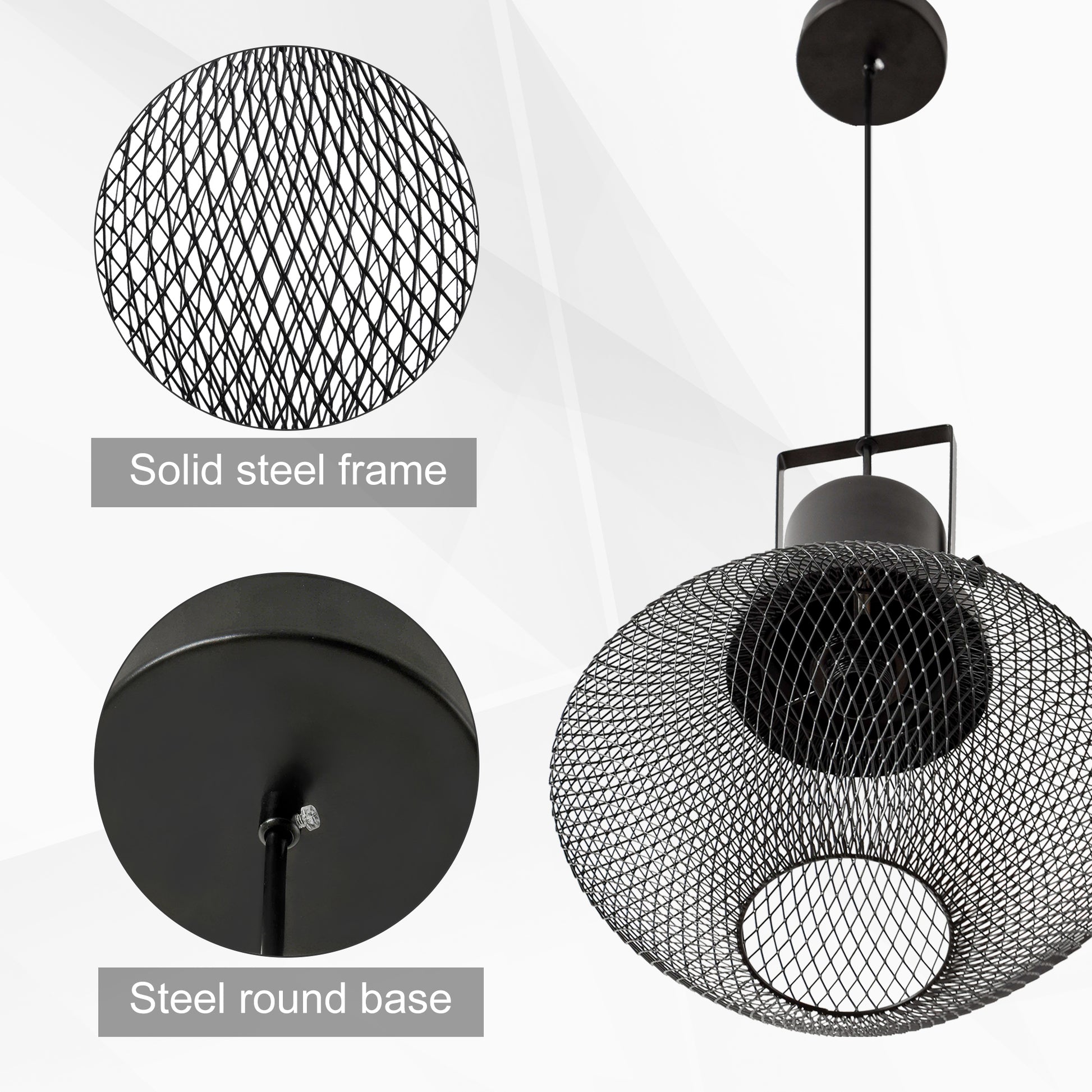 Black metal mesh pendant light with a wire cage shade and steel base