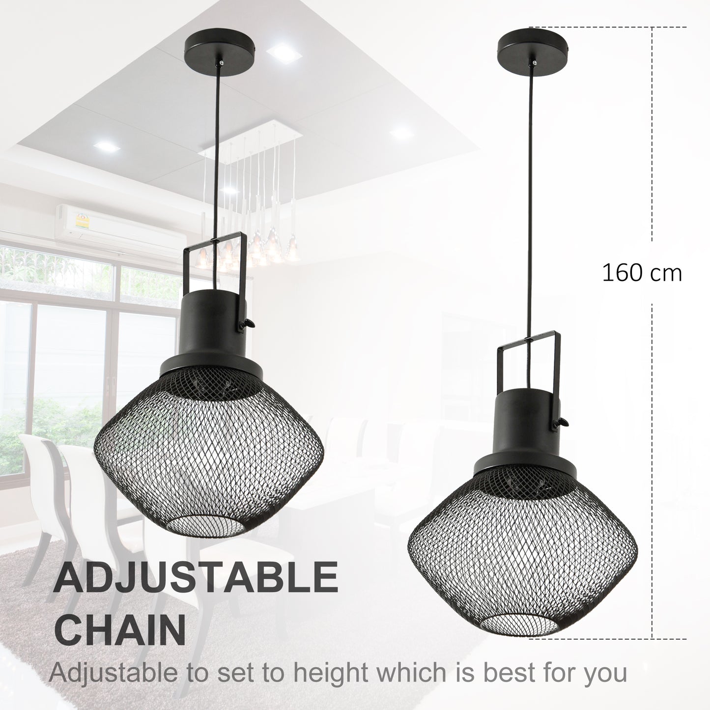 Black mesh pendant light with an adjustable chain ideal for dining room lighting
