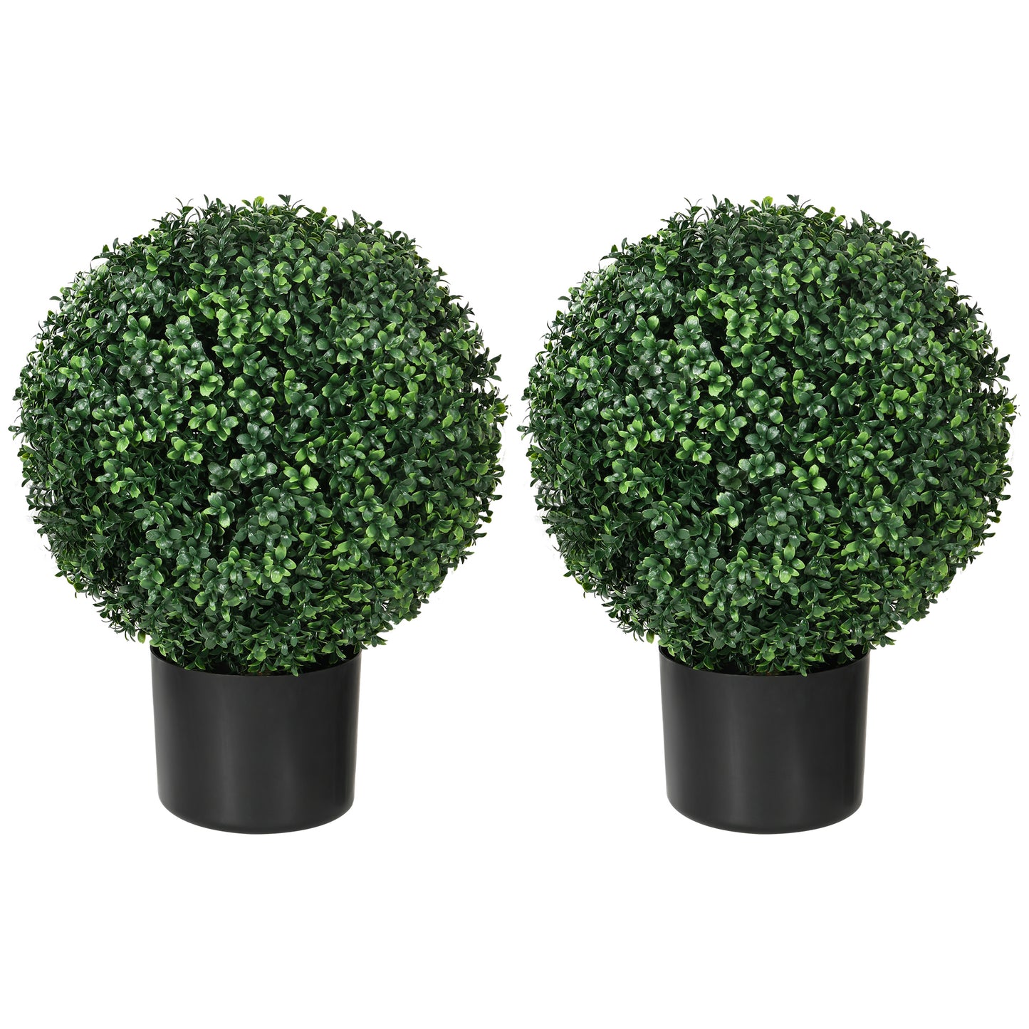 Two realistic artificial boxwood topiaries with dense green foliage in black planters