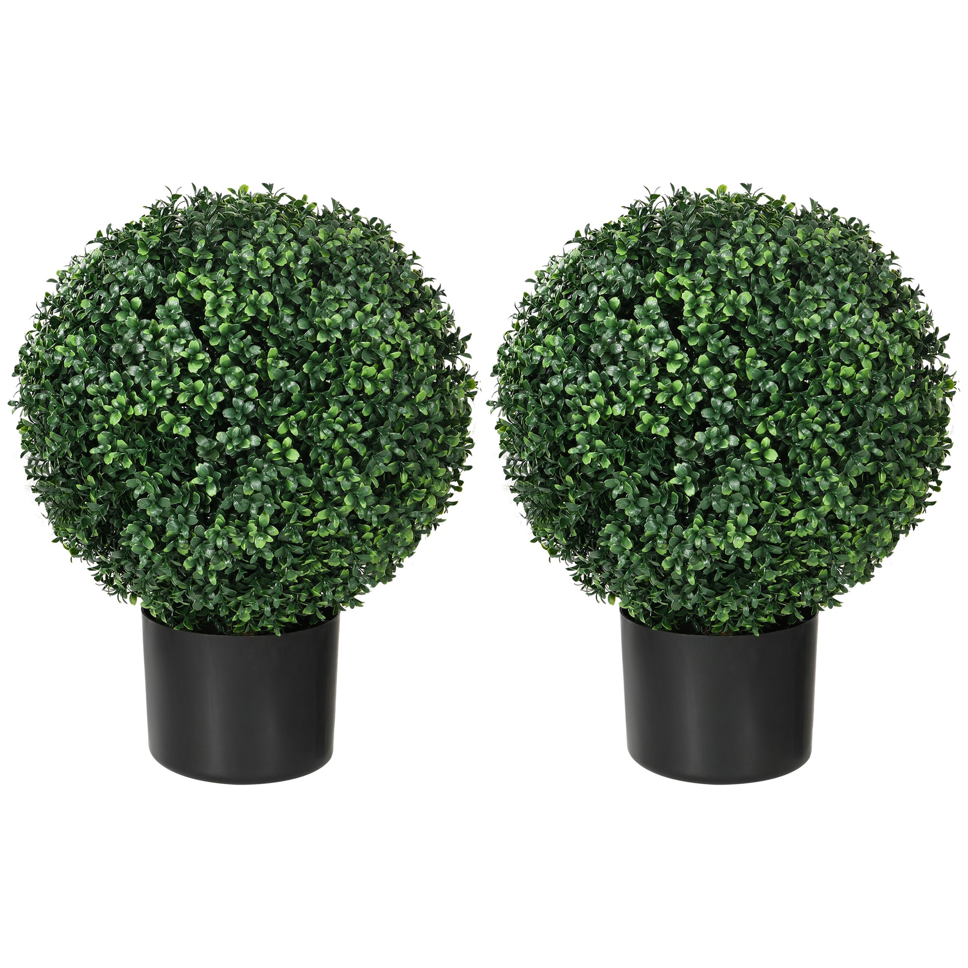 Two realistic artificial boxwood topiaries with dense green foliage in black planters