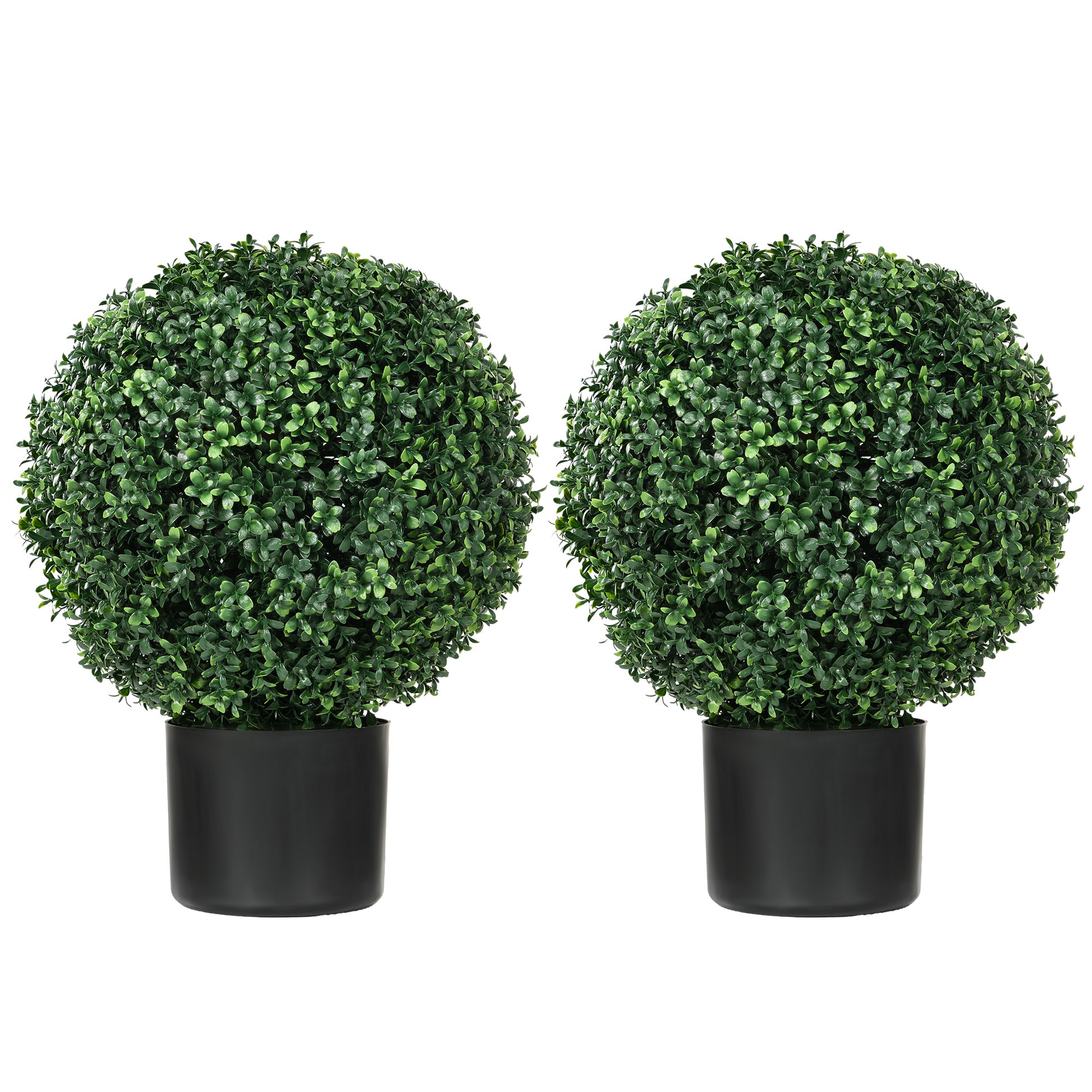 Two round artificial boxwood topiaries in black planters for outdoor decor