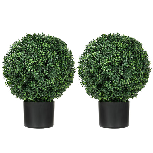 Two round artificial boxwood topiaries in black planters for outdoor decor