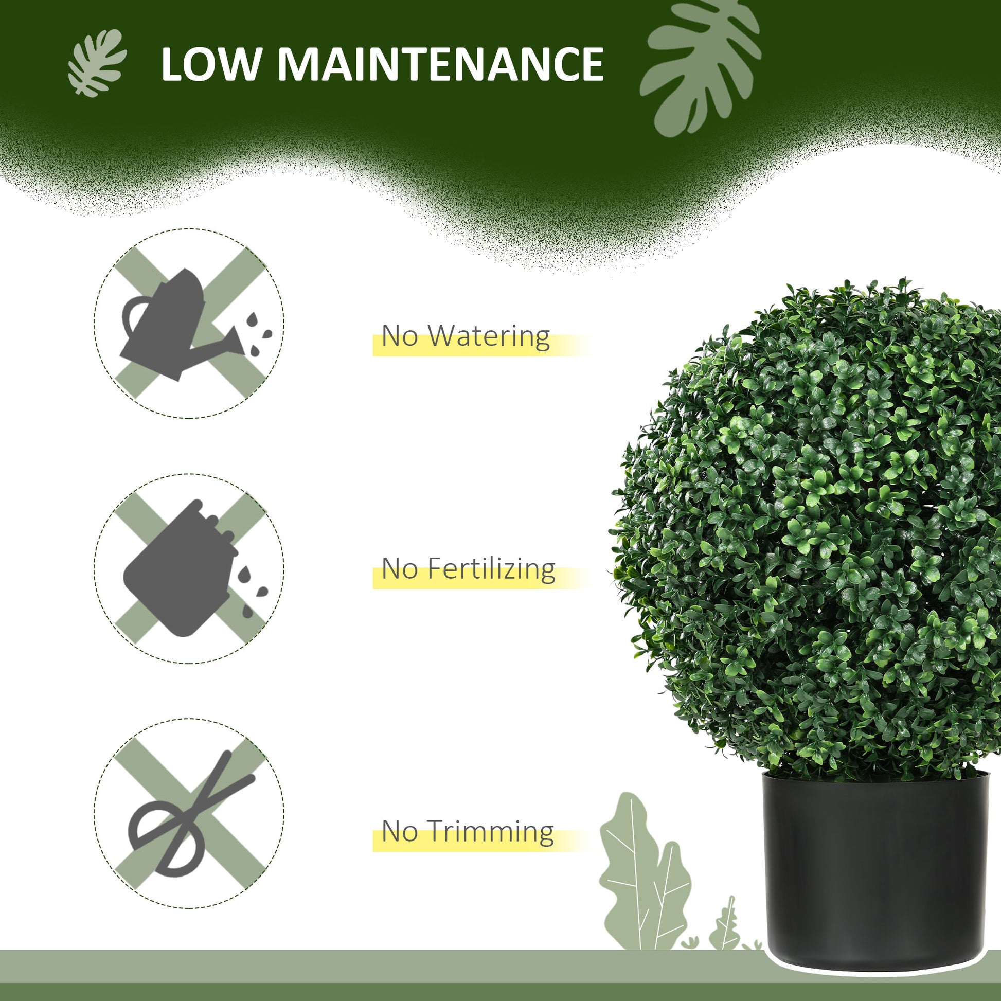 Realistic artificial topiary ball plant in a black pot low maintenance decor