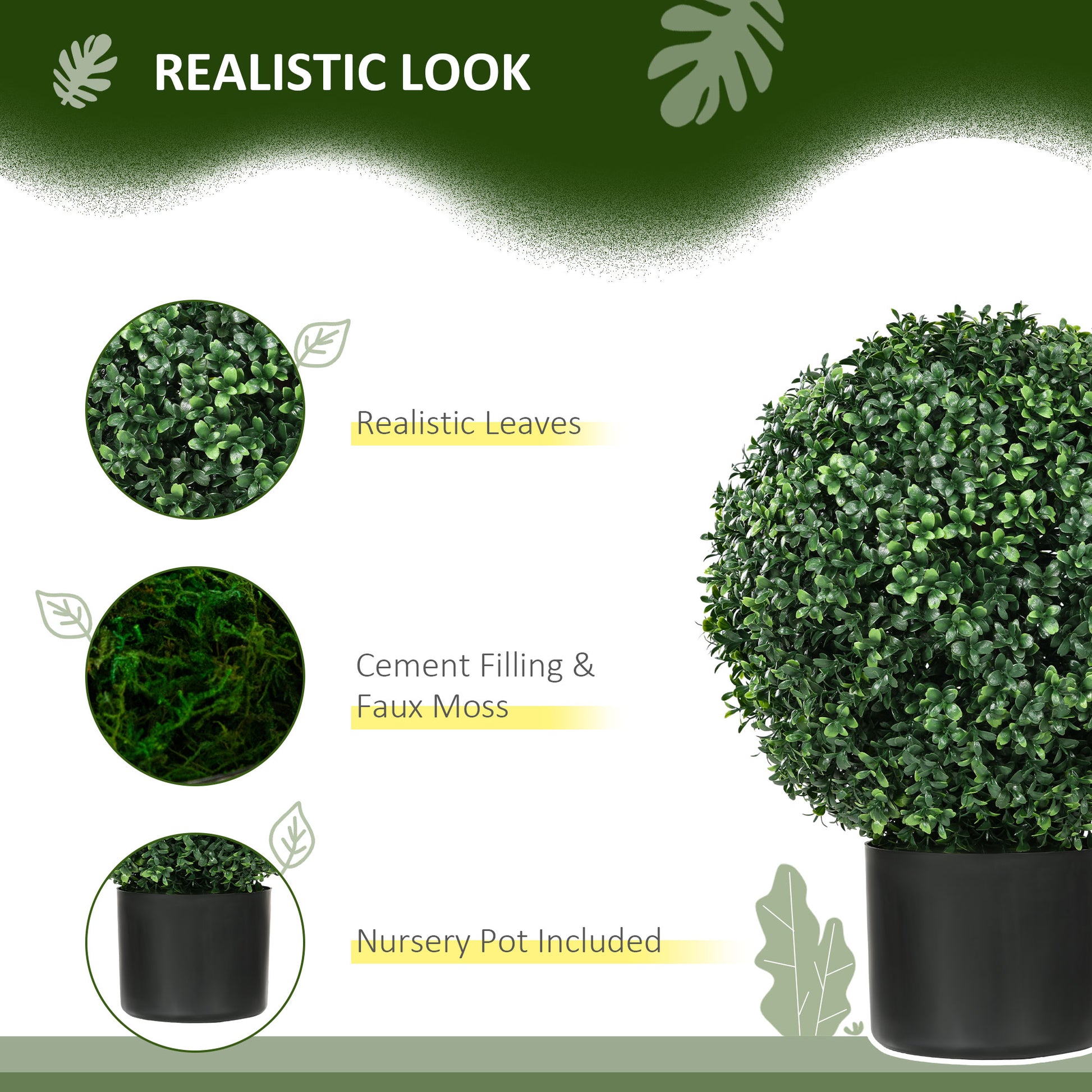 Realistic spherical artificial topiary plant with lush green leaves in a black nursery pot