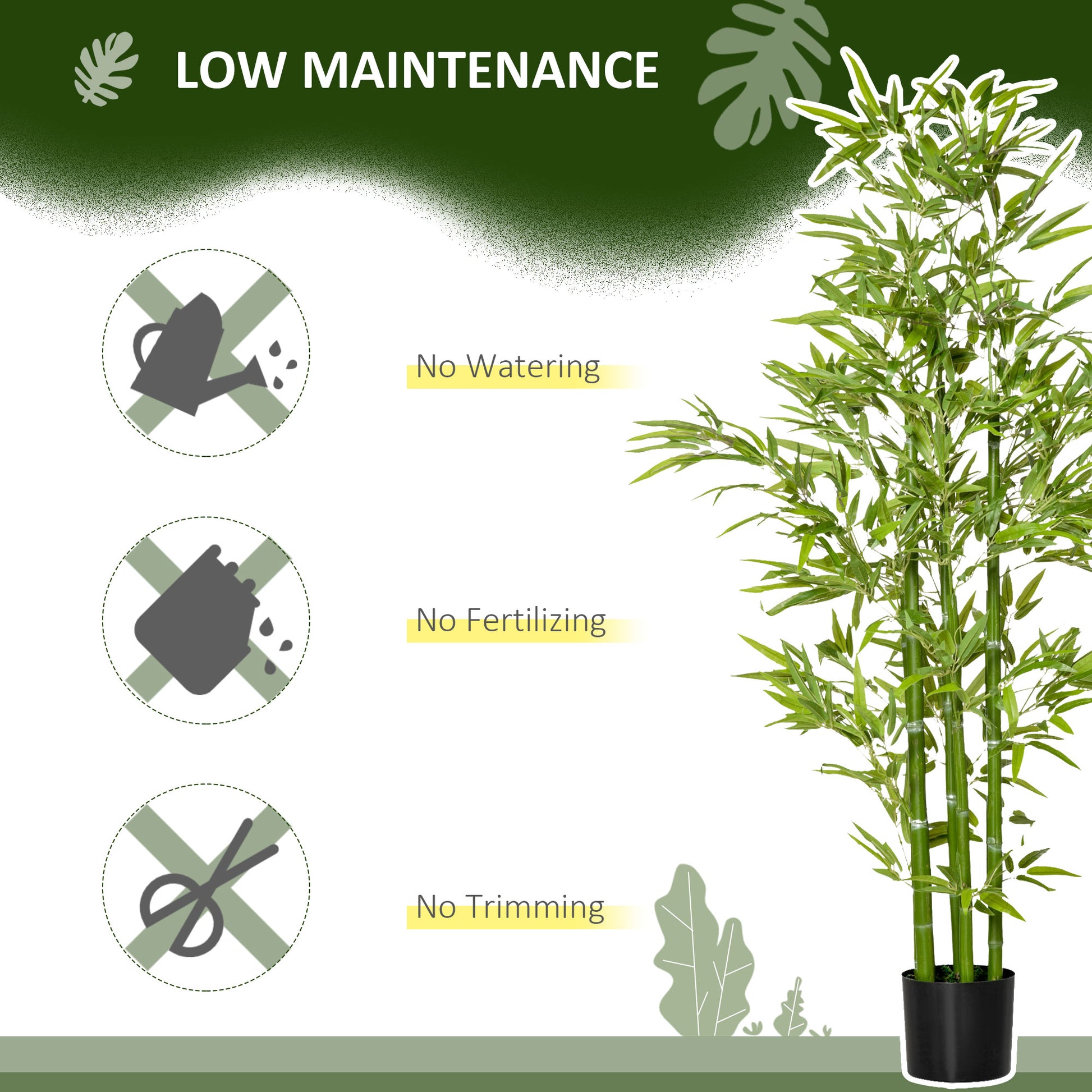 Realistic artificial bamboo plant with lush green foliage in a black pot showcasing low maintenance design