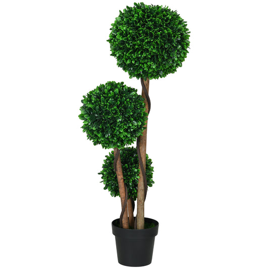 Artificial tripleball topiary tree with dark green foliage and brown twisted trunks in a black pot