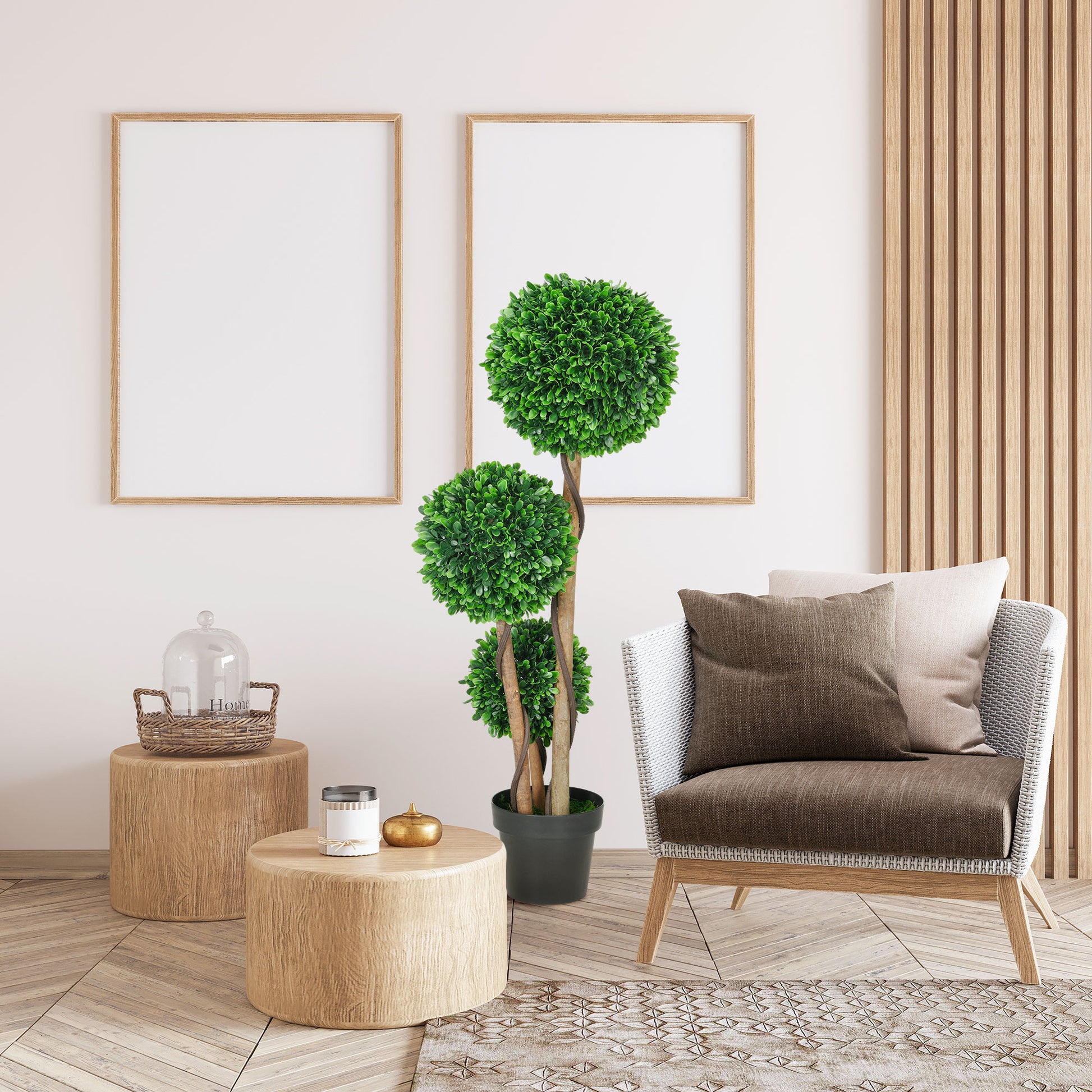 Round topiary artificial plant with three spherical green bushes