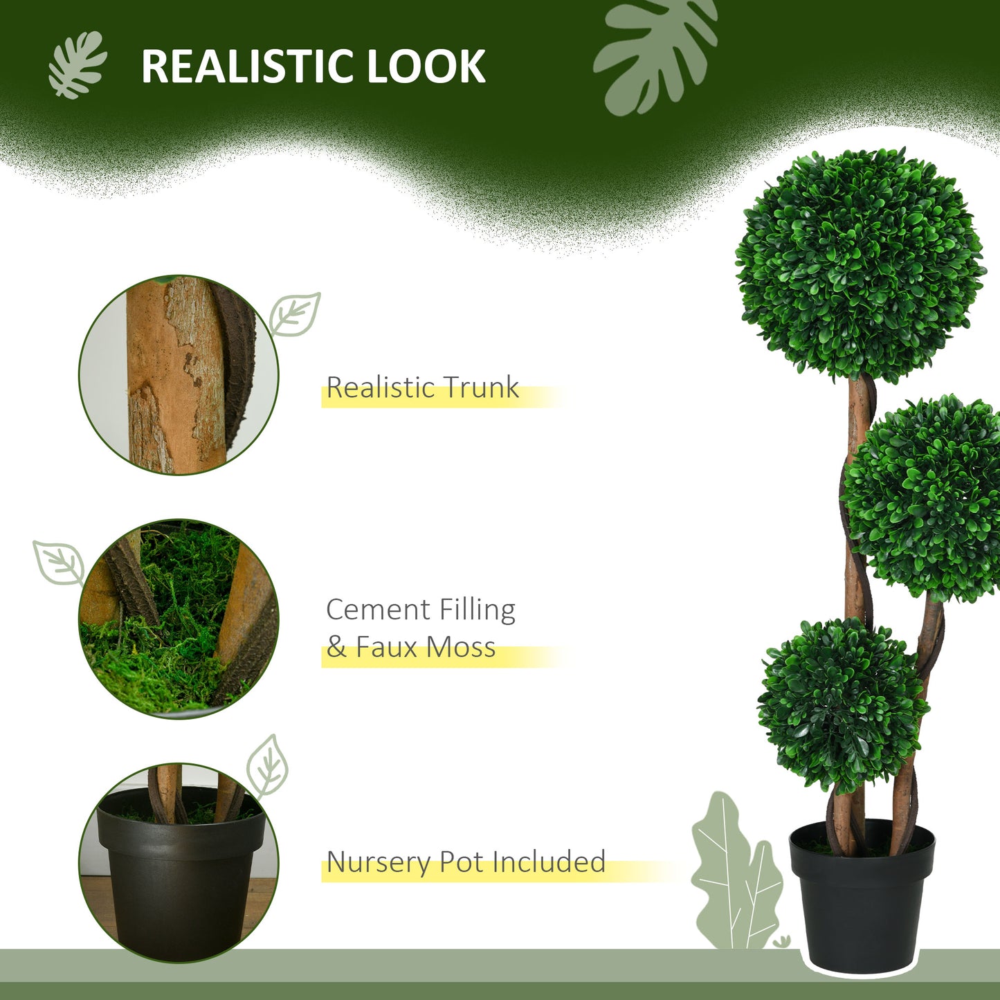 Realistic artificial boxwood topiary tree with three green spheres and a twisted trunk
