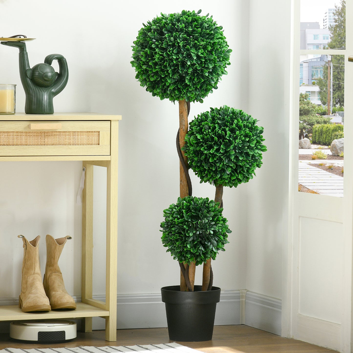 Tripleball artificial boxwood tree in a black pot for elegant home decor
