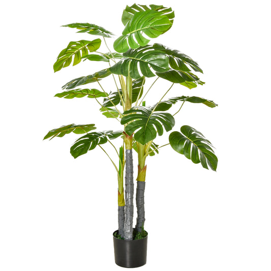 Tall artificial Monstera plant with large green split leaves and textured stems in a black pot