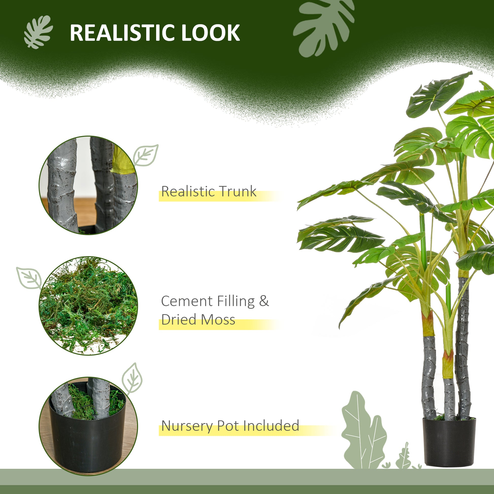 Realistic faux monstera plant with detailed grey trunks and lush green leaves