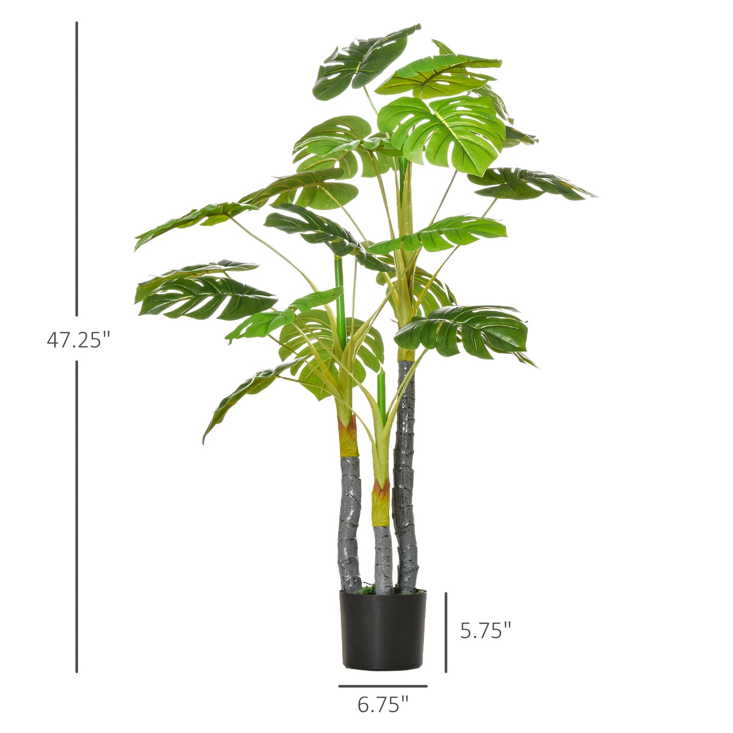Tall artificial Monstera plant with large green split leaves in a black pot