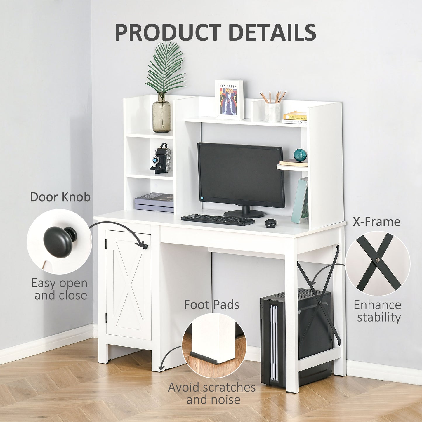 White computer desk with hutch featuring a keyboard mouse and monitor setup