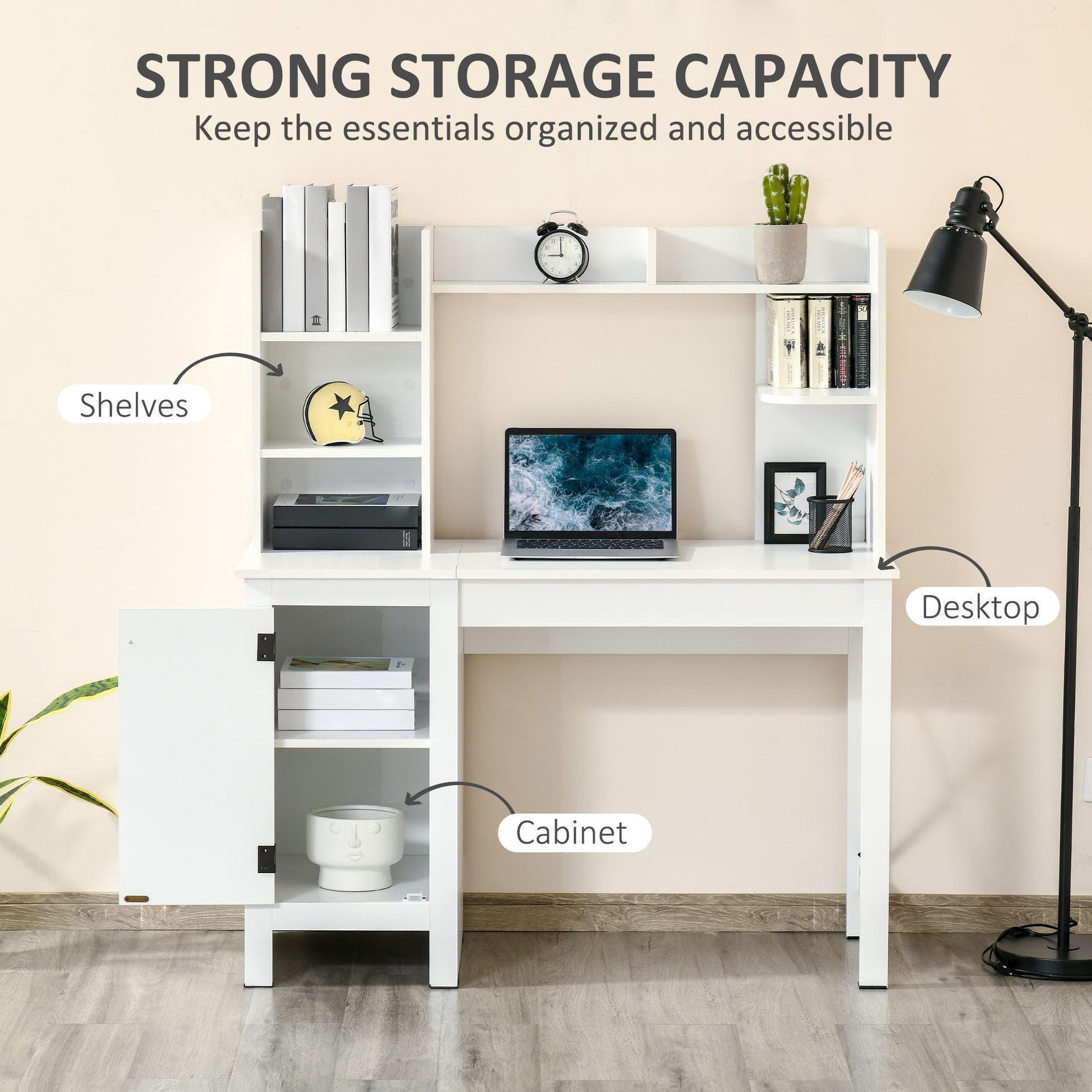 White modern desk with open shelves and cabinet featuring a laptop and books
