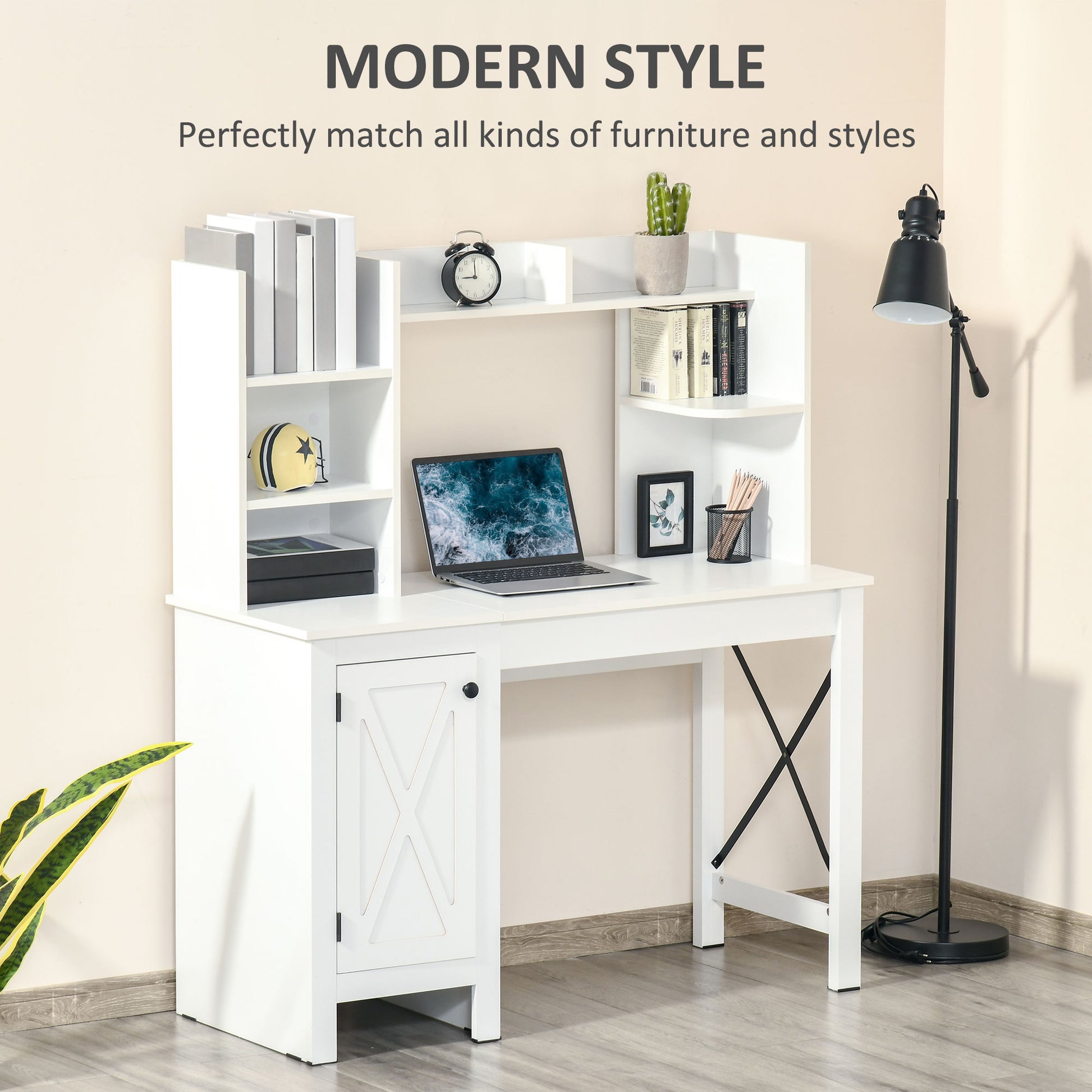 White modern computer desk with hutch laptop and storage shelves