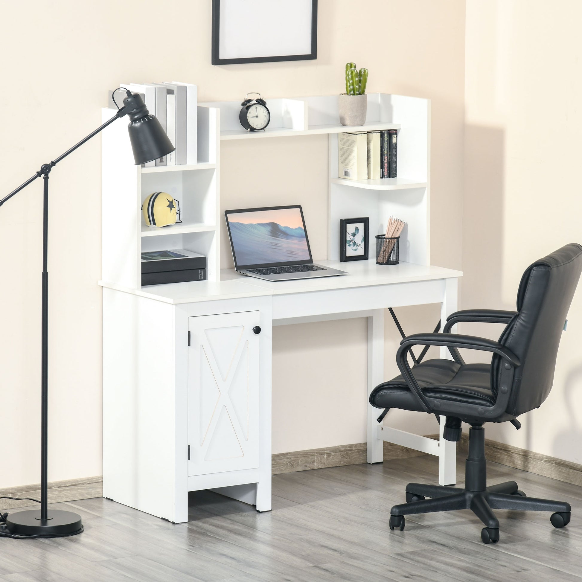 Modern white computer desk with hutch and black leather office chair
