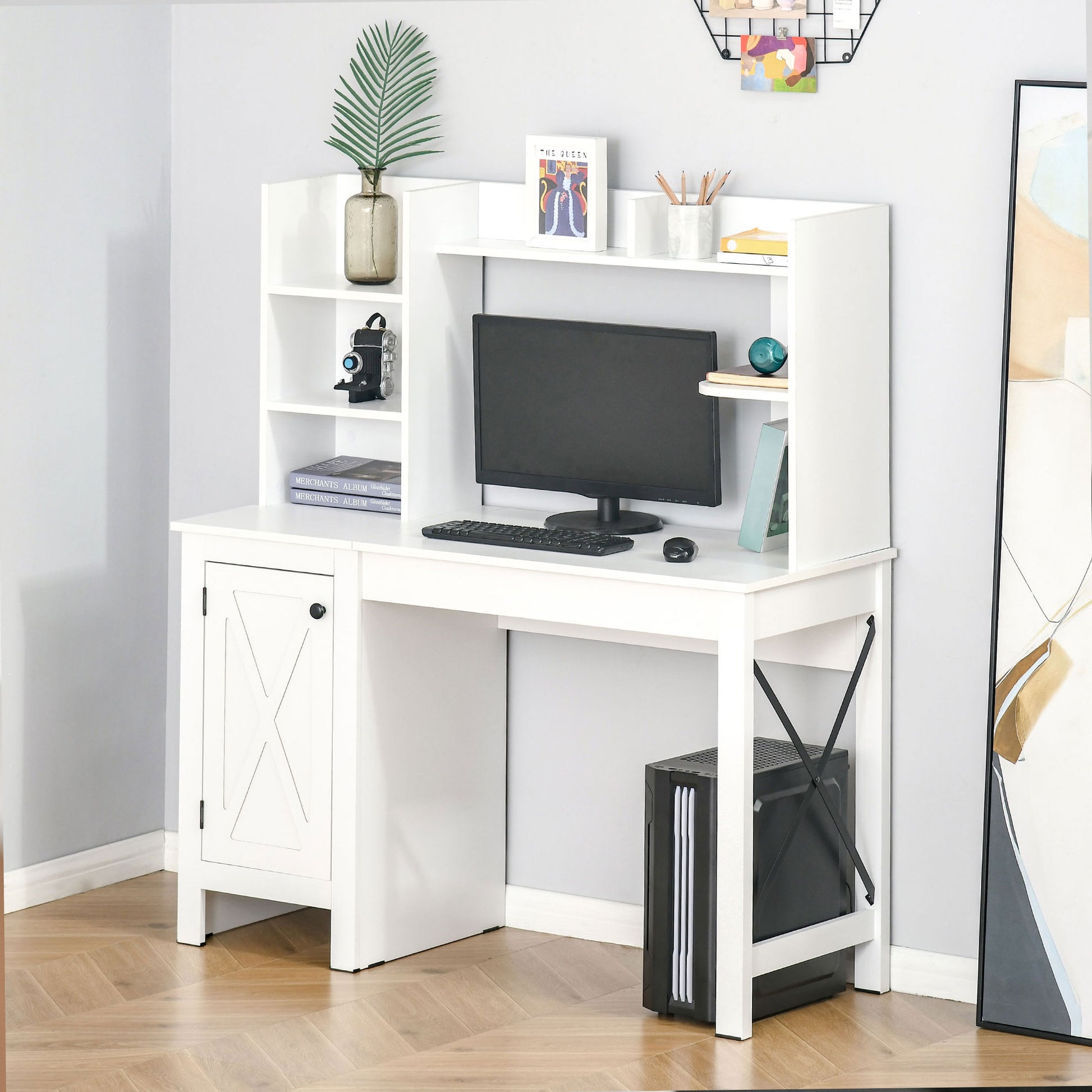 White modern computer desk with hutch and storage cabinet ideal for home office
