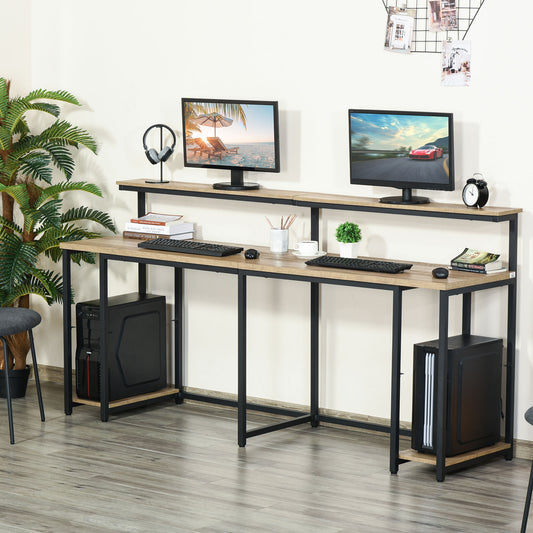 Rustic oak computer desk with dual workstations and black metal frame