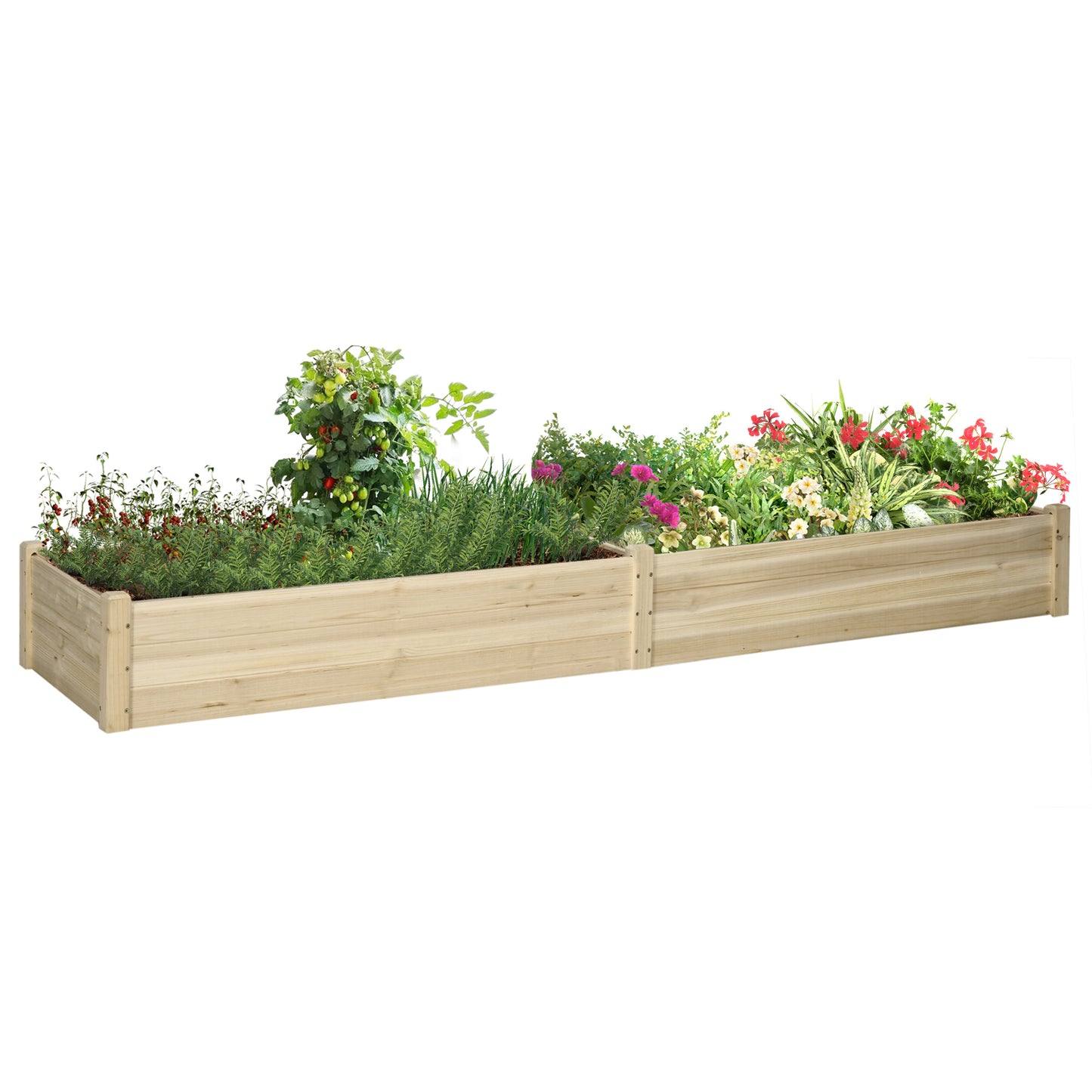 Natural wood raised garden bed filled with lush green plants and red flowers