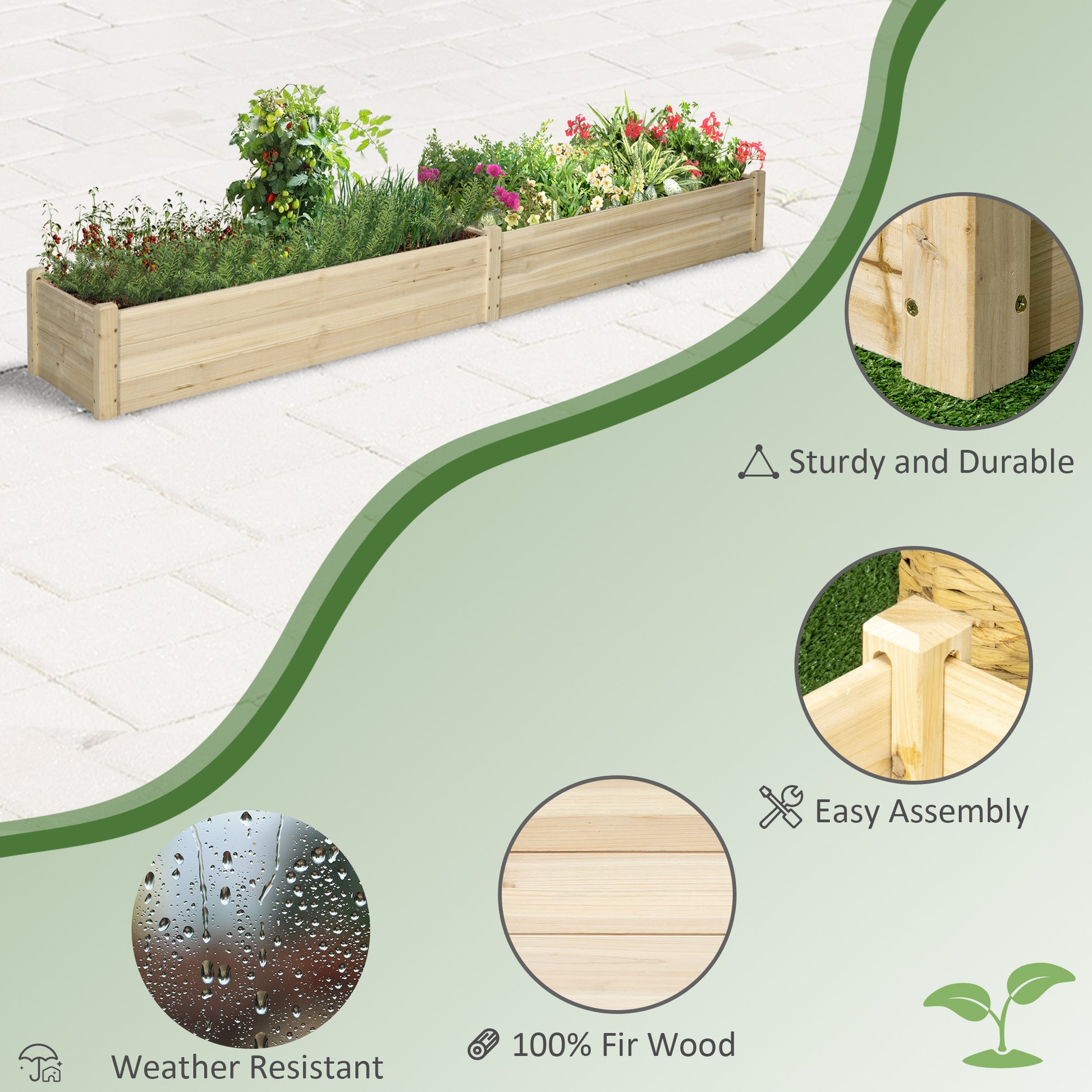 Natural wood raised garden bed filled with herbs and flowers