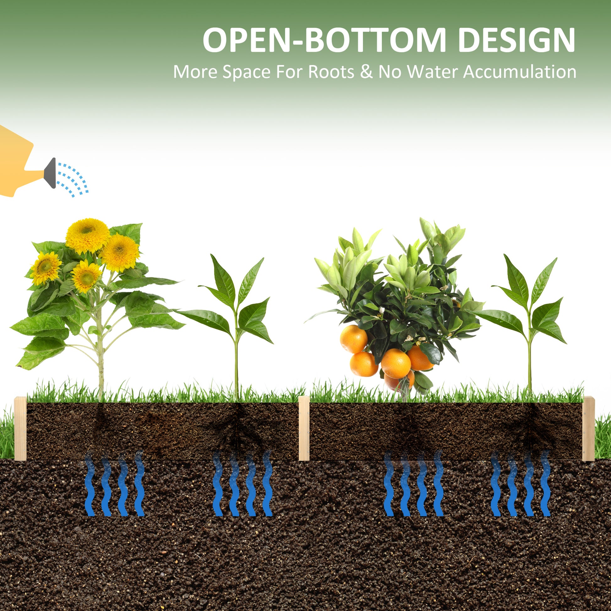 Diagram showcasing openbottom raised garden beds promoting root growth and preventing waterlogging