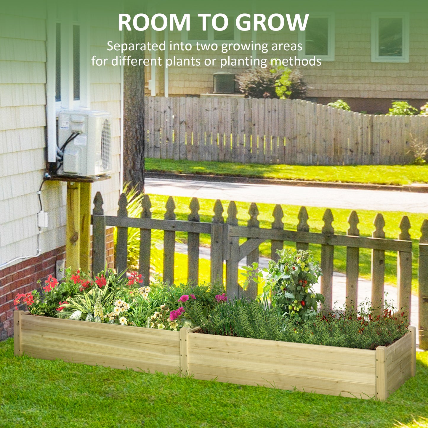 Twotiered wooden raised garden bed overflowing with vibrant flowers and leafy vegetables