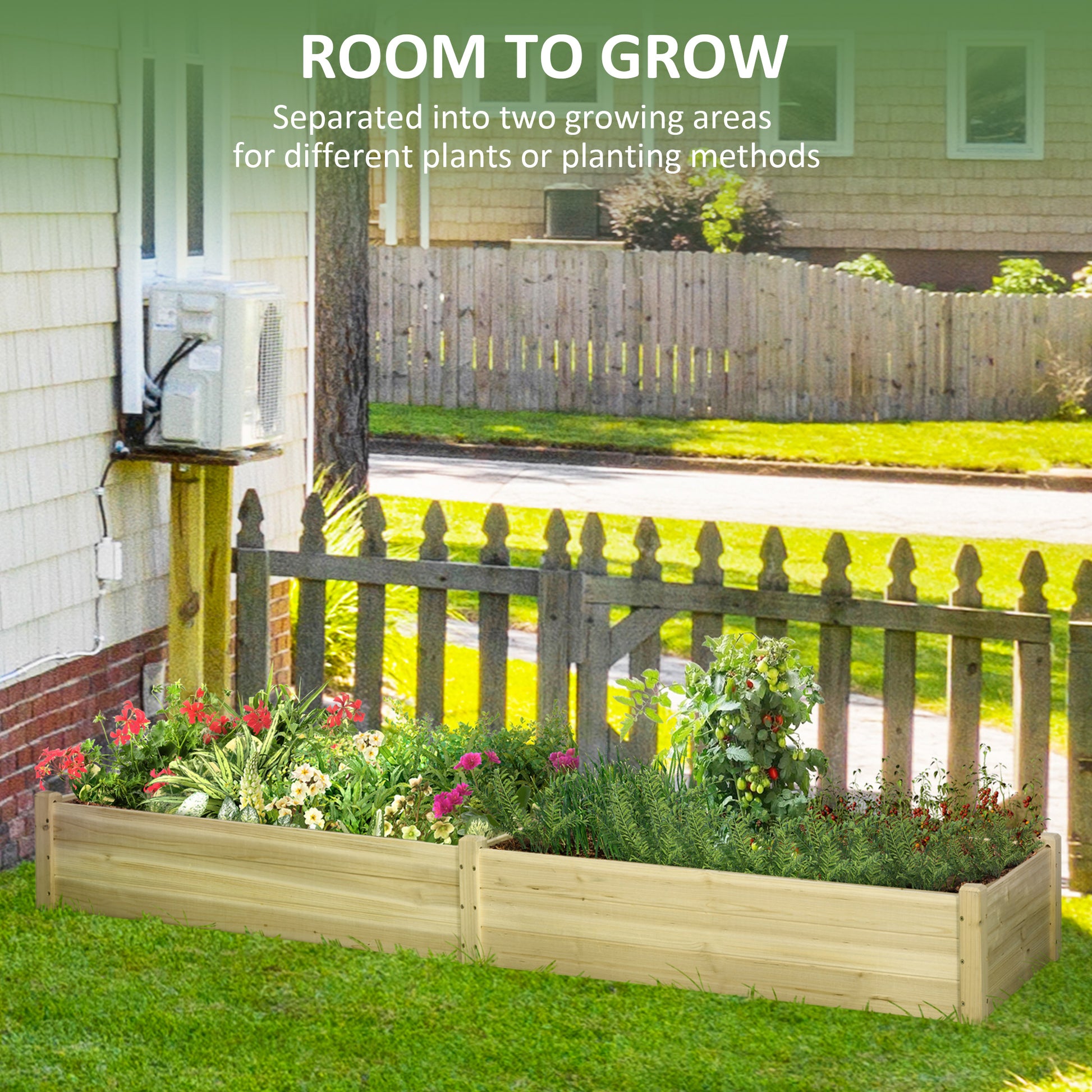 Twotiered wooden raised garden bed overflowing with vibrant flowers and leafy vegetables