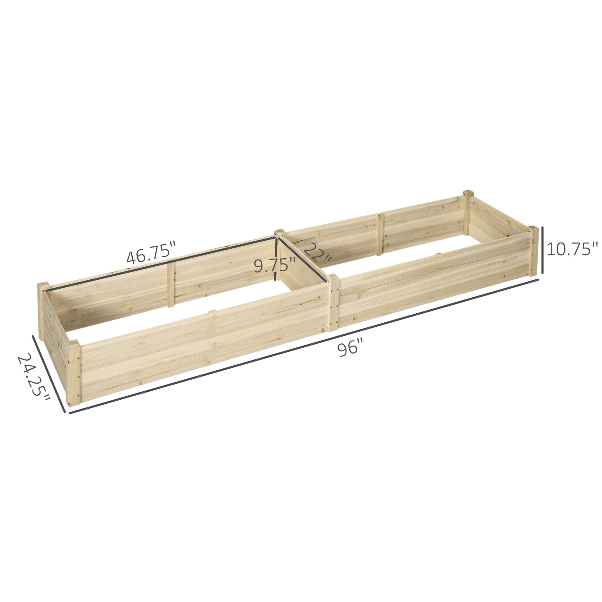 Natural wood modular raised garden bed kit with dimensions labeled