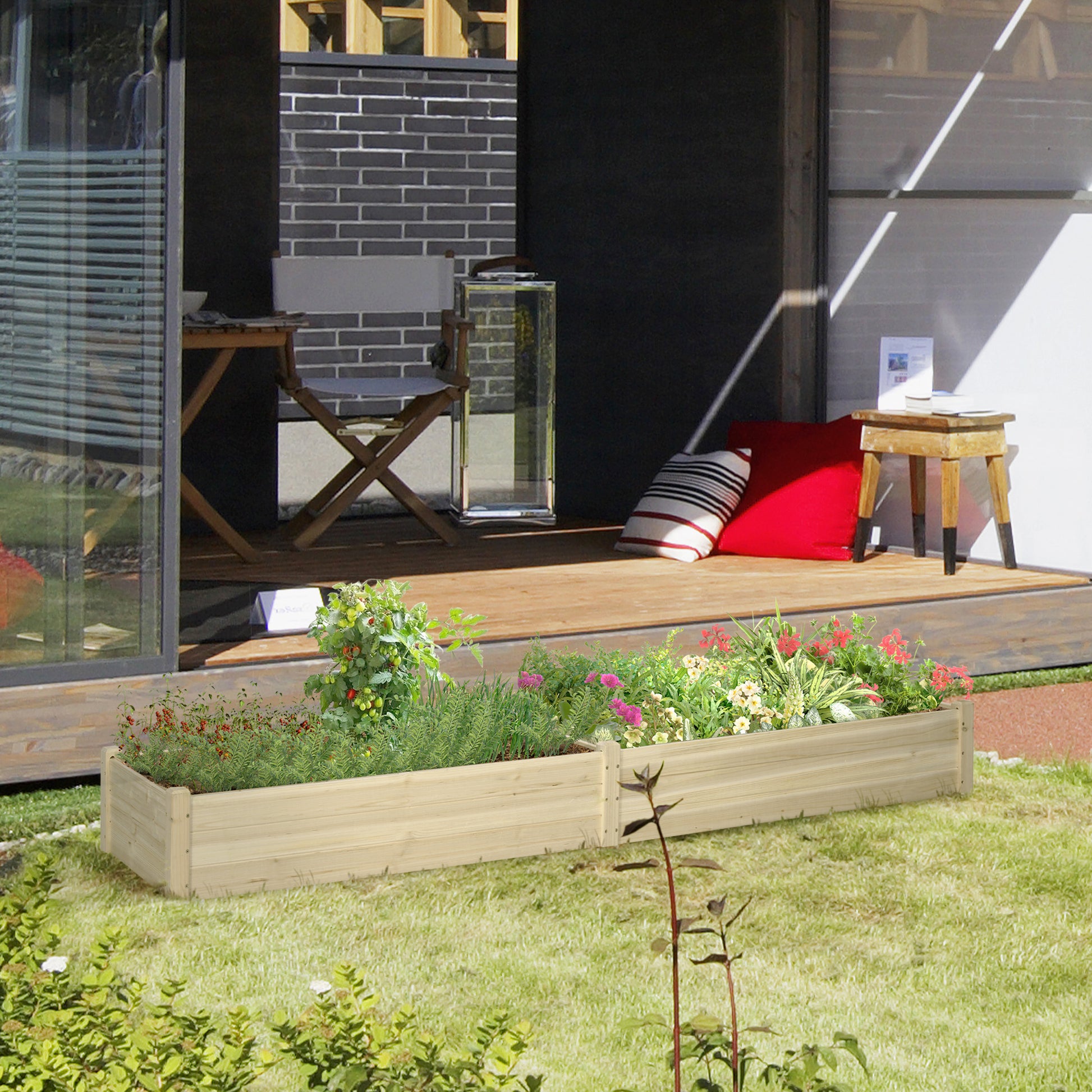 Two light wood garden raised beds filled with colorful flowers and herbs