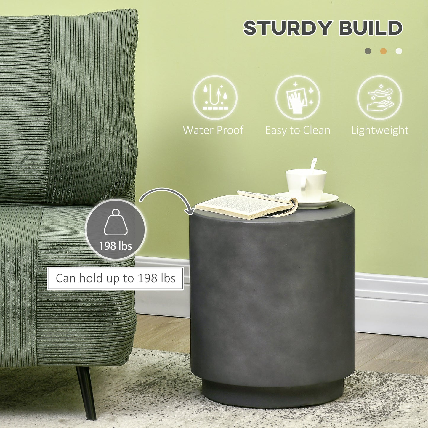 Dark gray cylindrical side table waterproof and easy to clean holds  lbs