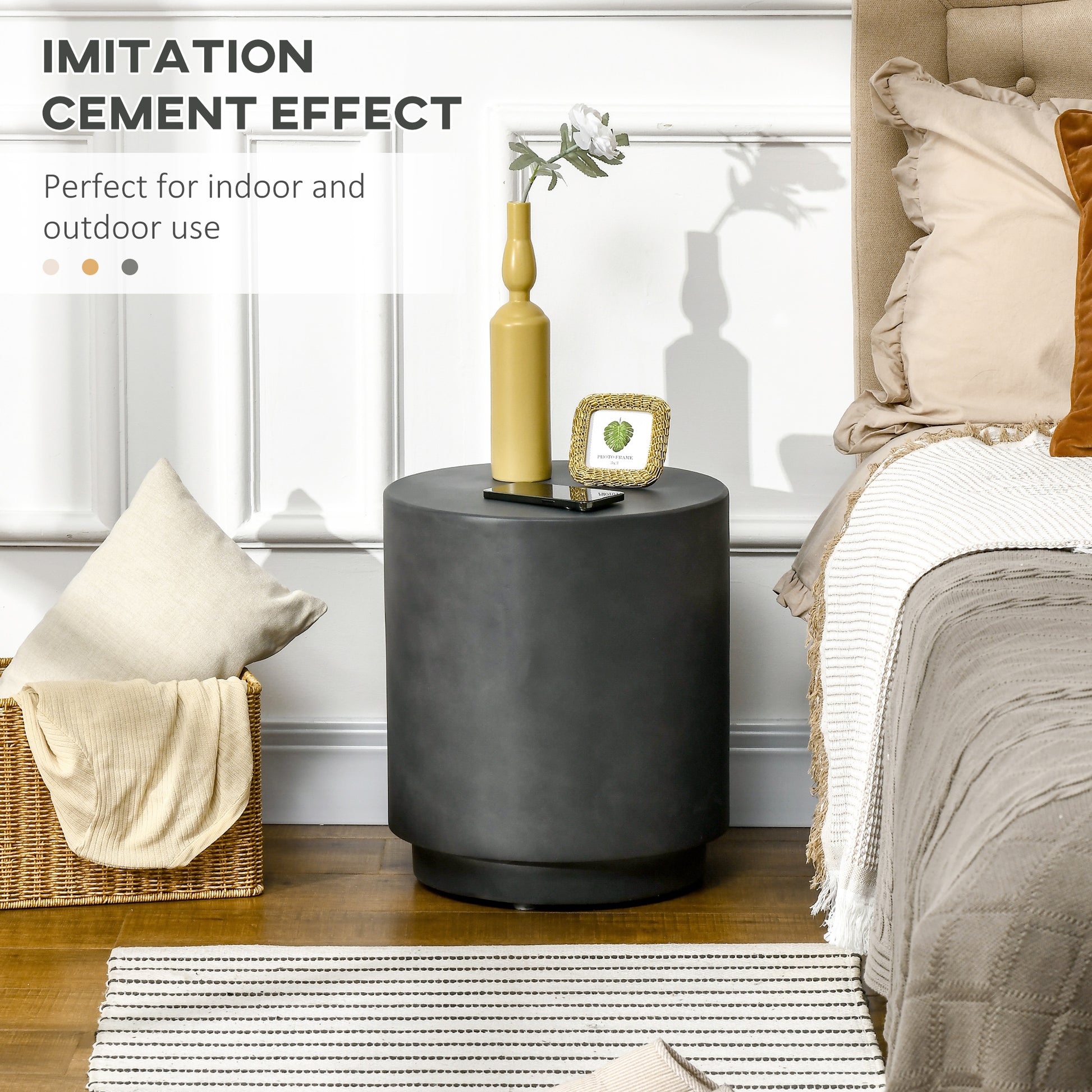 Dark gray cement effect round side table with minimalist design