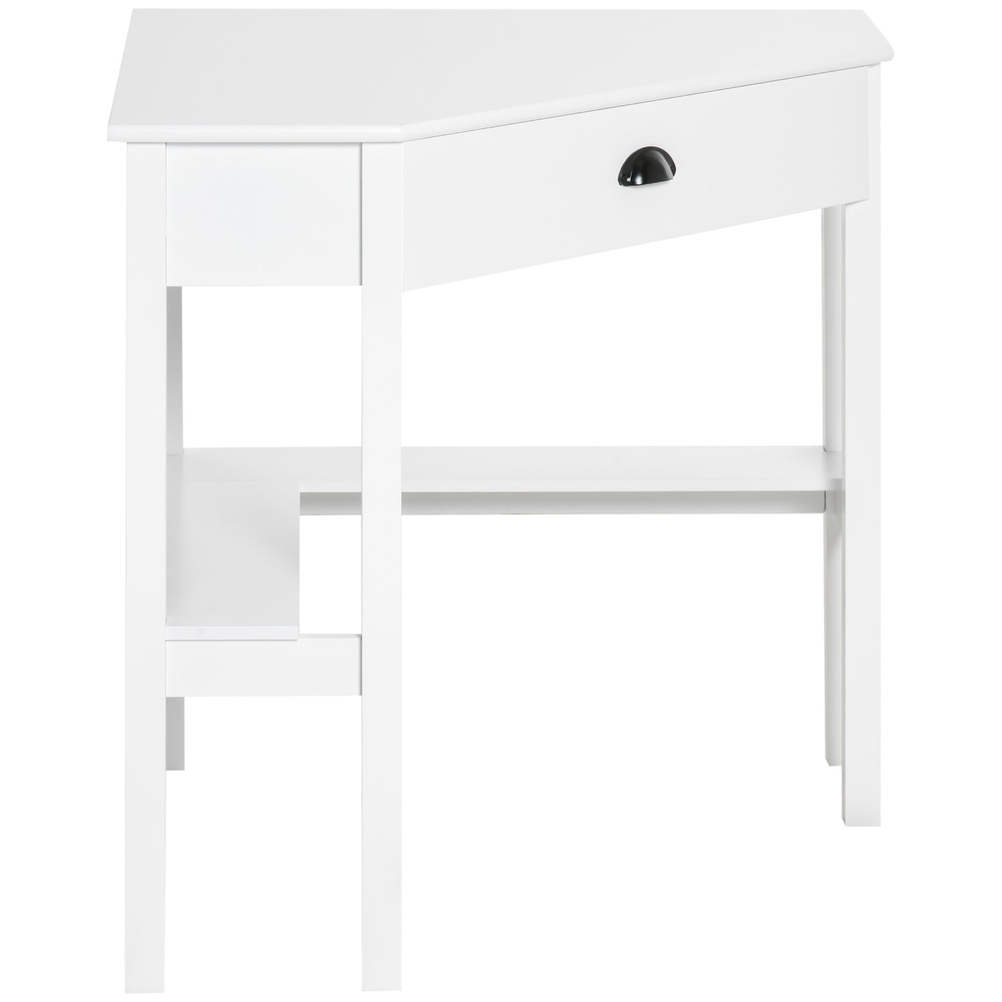 Compact white corner desk with one drawer and open shelving