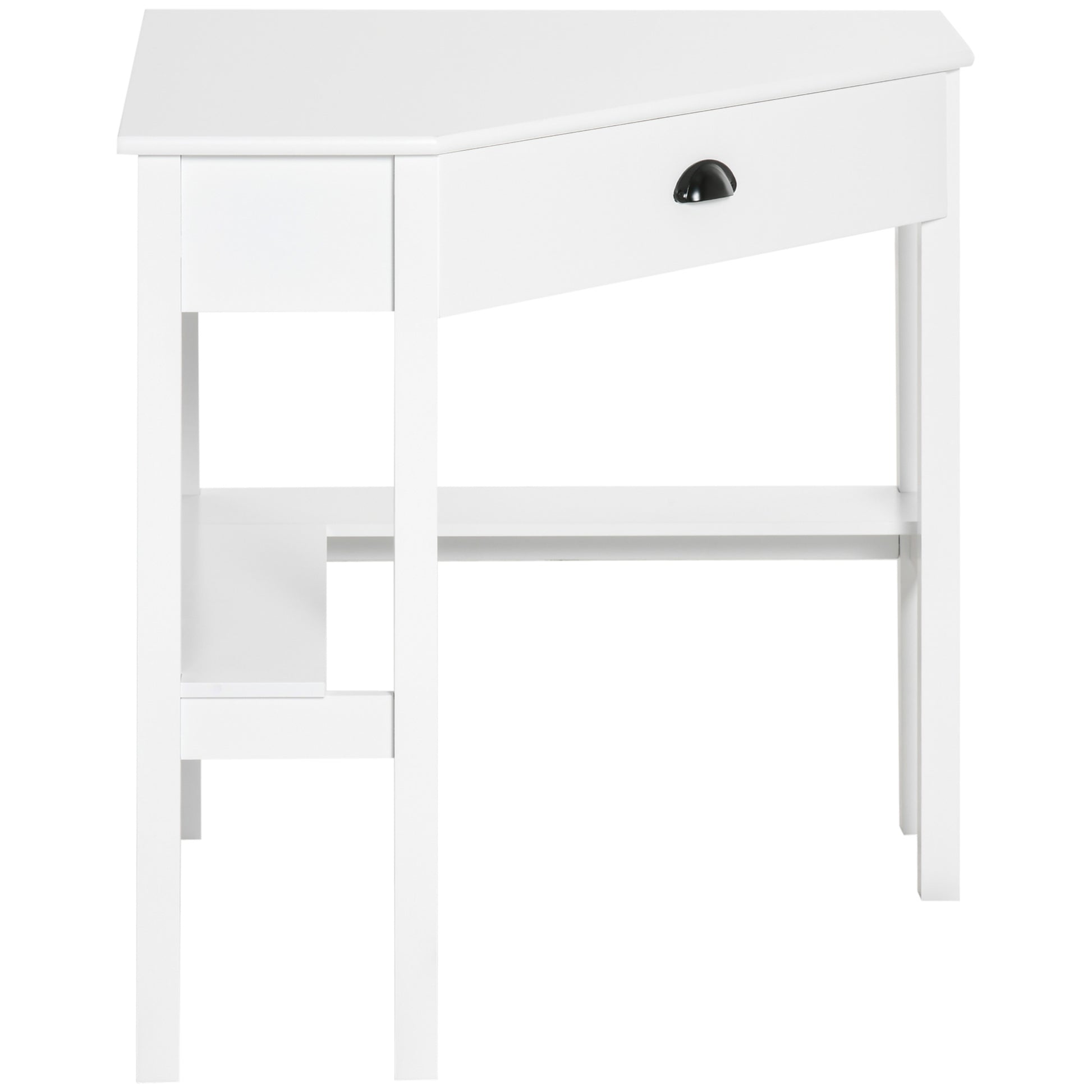 Compact white corner desk with one drawer and open shelving