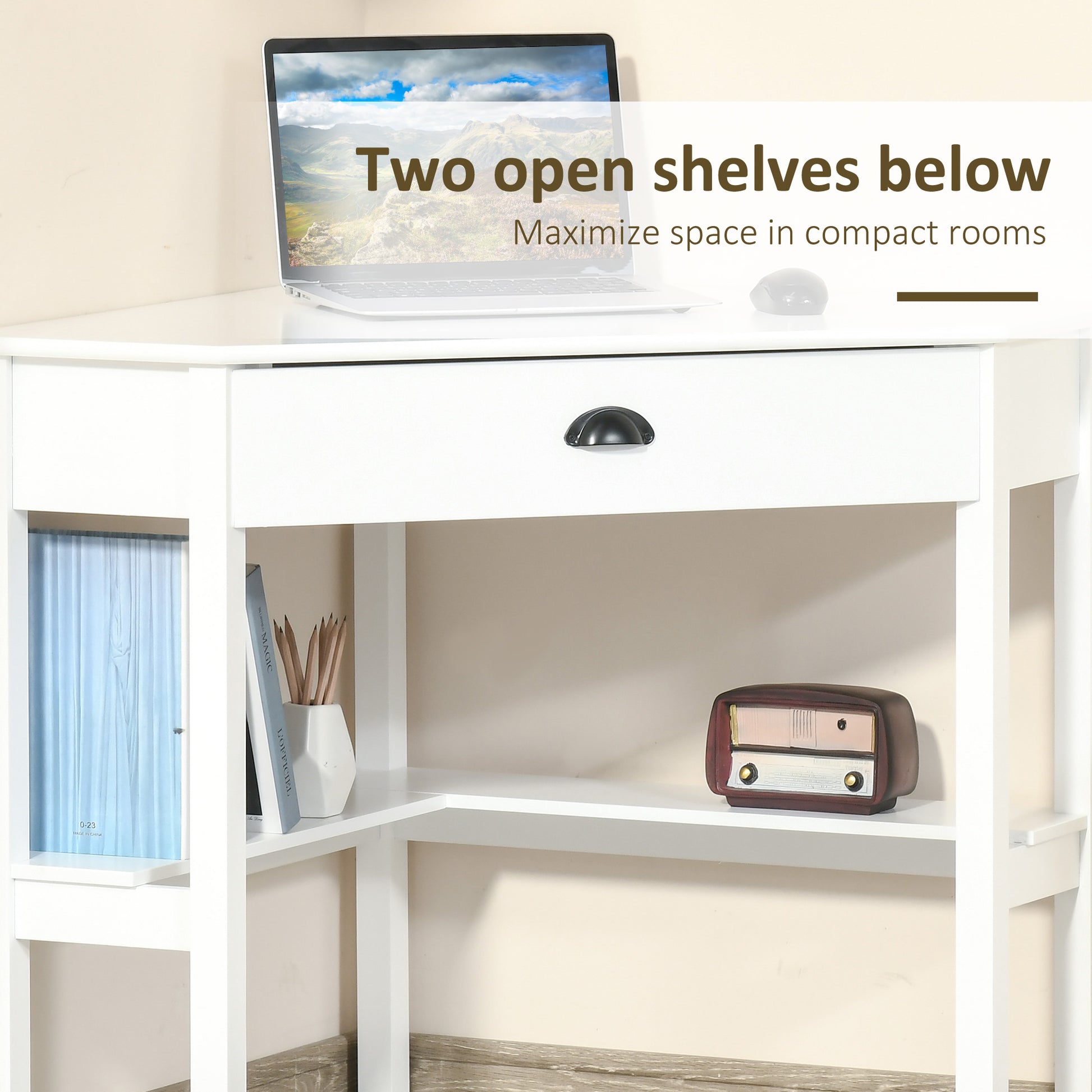 White corner desk with drawer and open shelving ideal for compact spaces