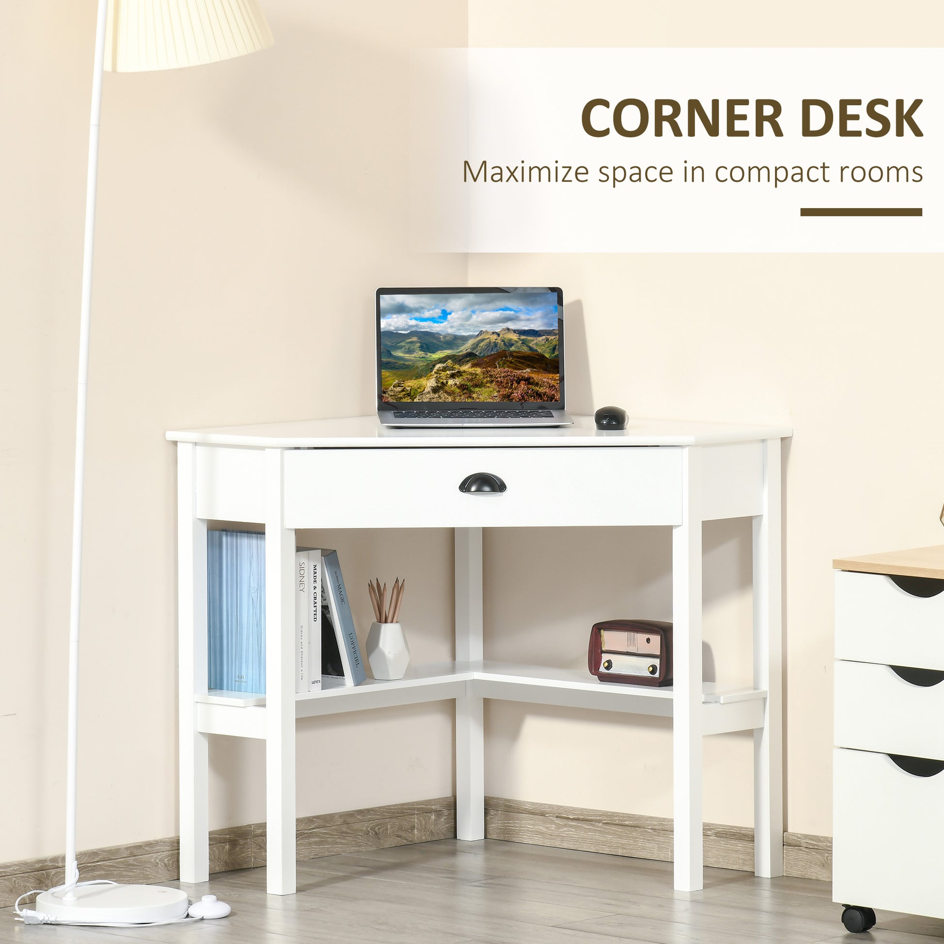 White corner desk with laptop mouse and drawer for compact room organization