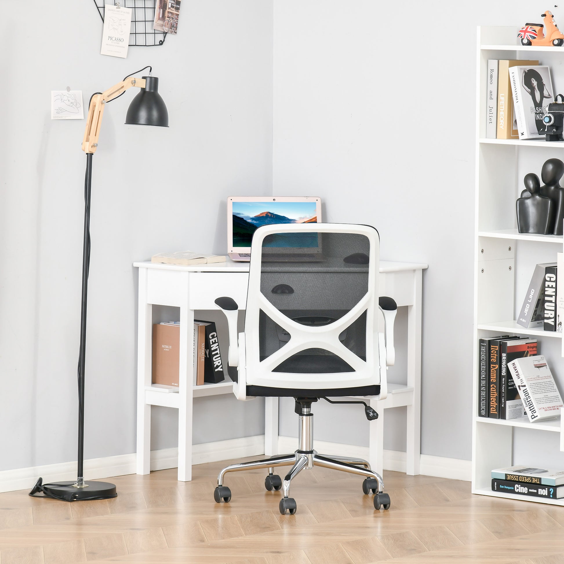 Ergonomic white mesh office chair with adjustable lumbar support and chrome base