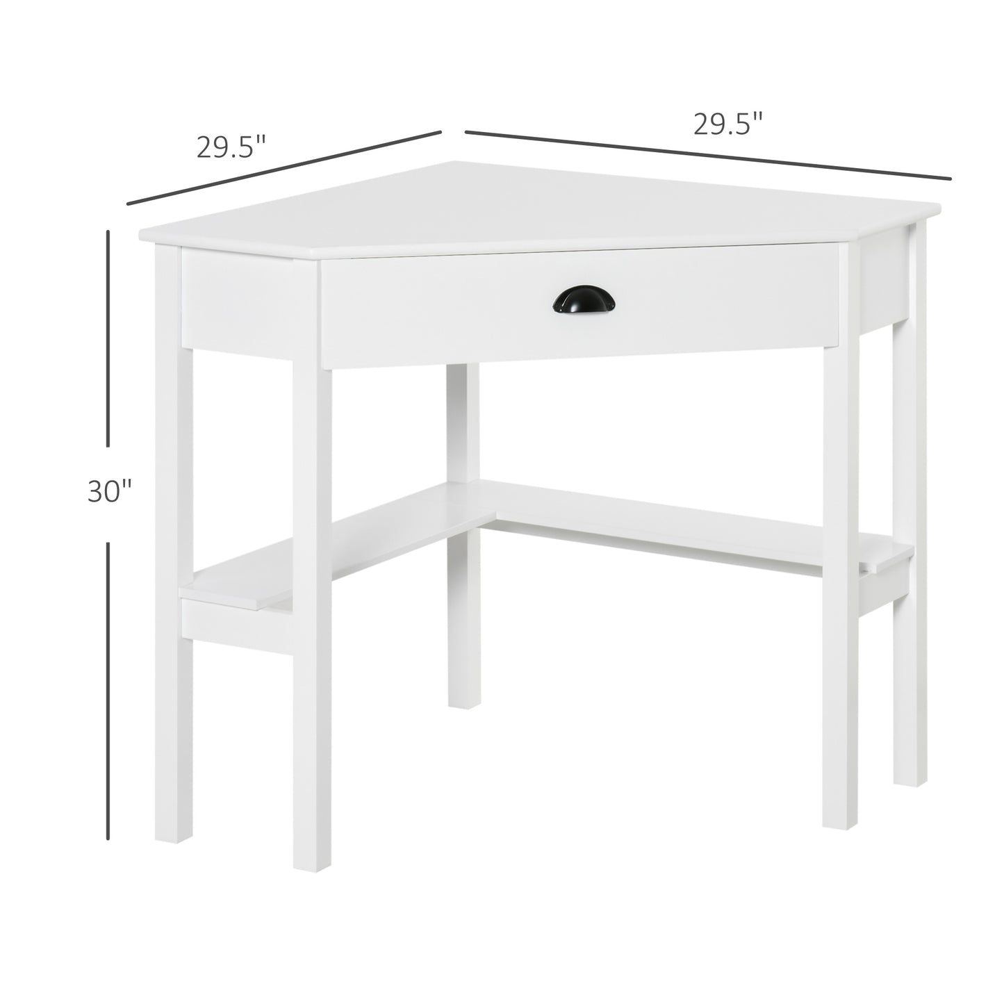 White corner desk with one drawer and two open shelves dimensions xx