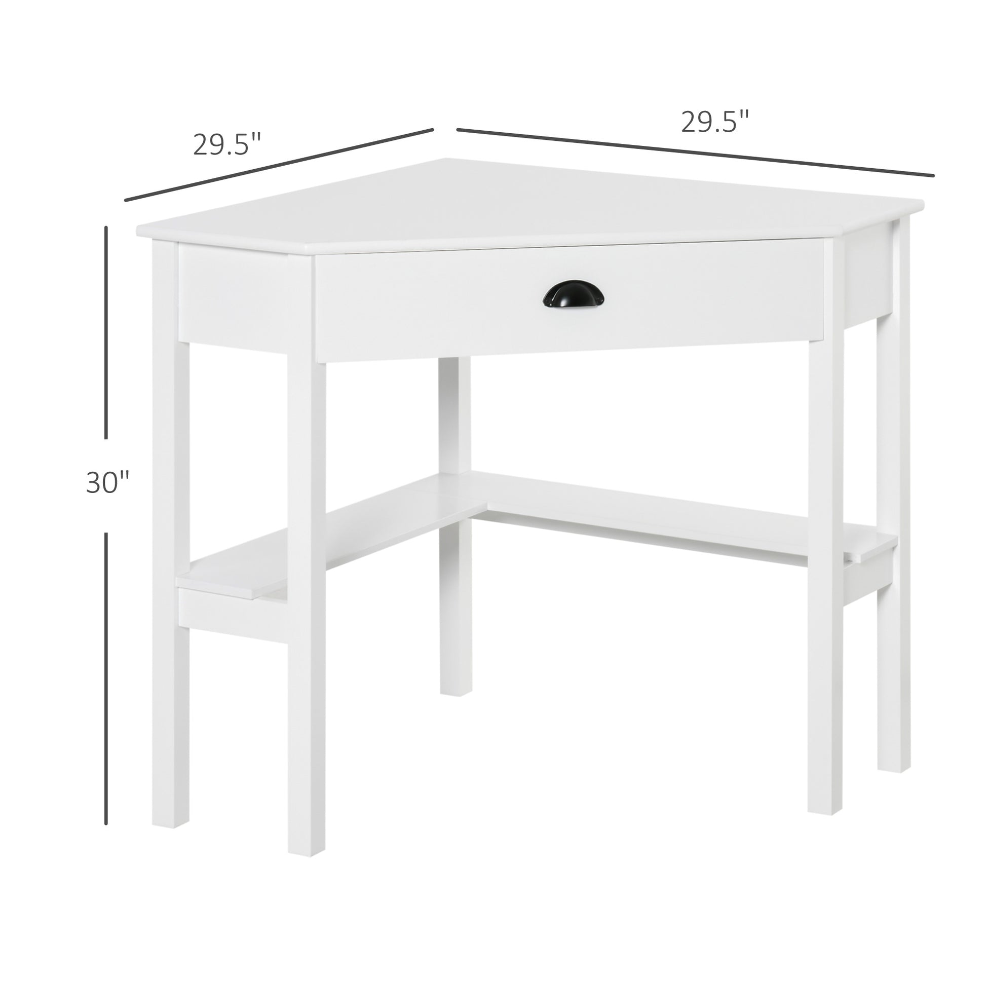 White corner desk with one drawer and two open shelves dimensions xx