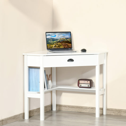 Compact white corner desk with laptop mouse and drawer for home office setup