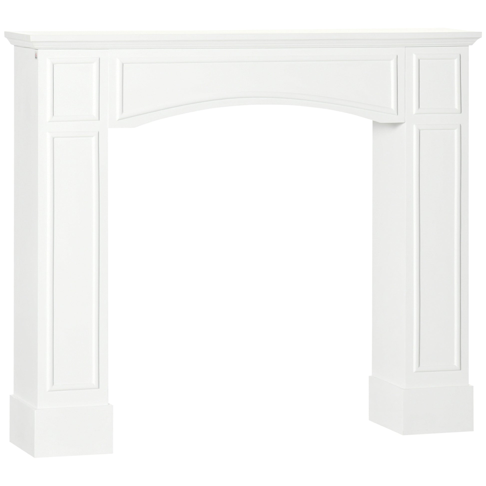White arched fireplace mantel with detailed molding and classic paneled sides