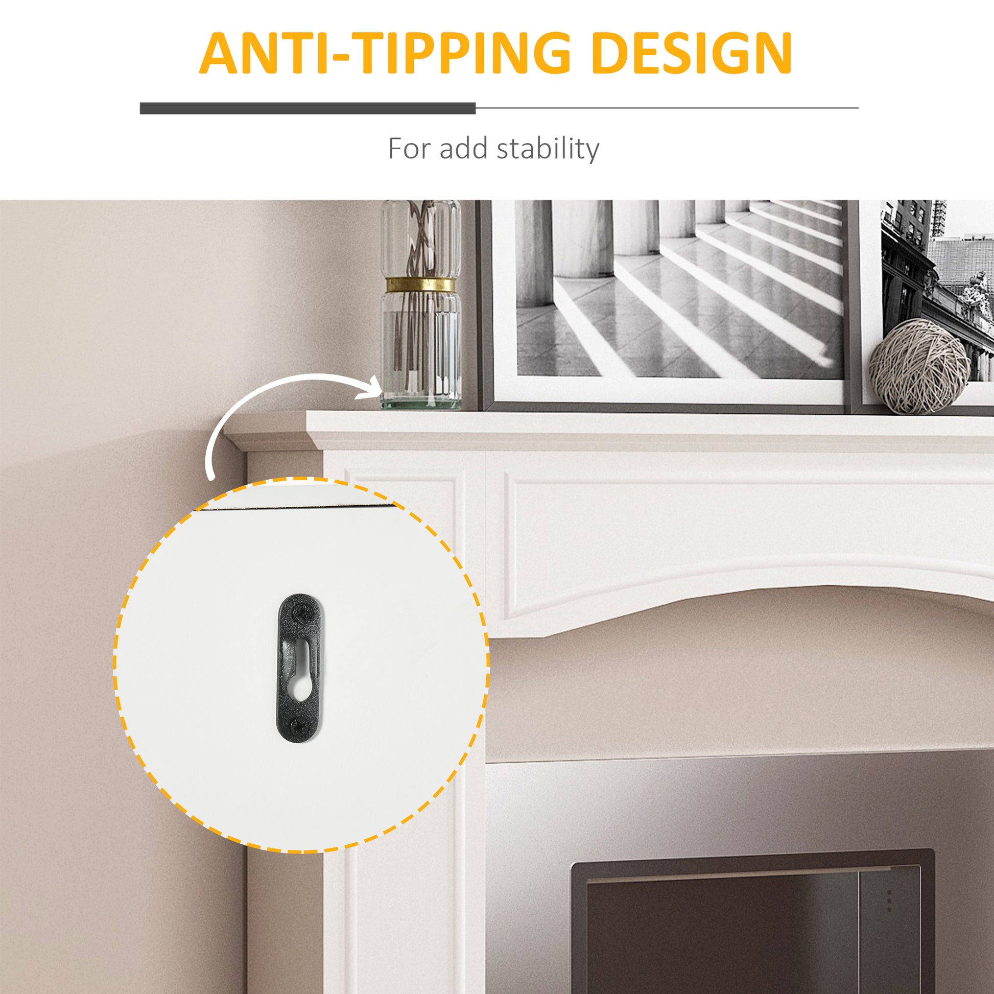 Black antitipping strap attached to a white furniture piece for stability