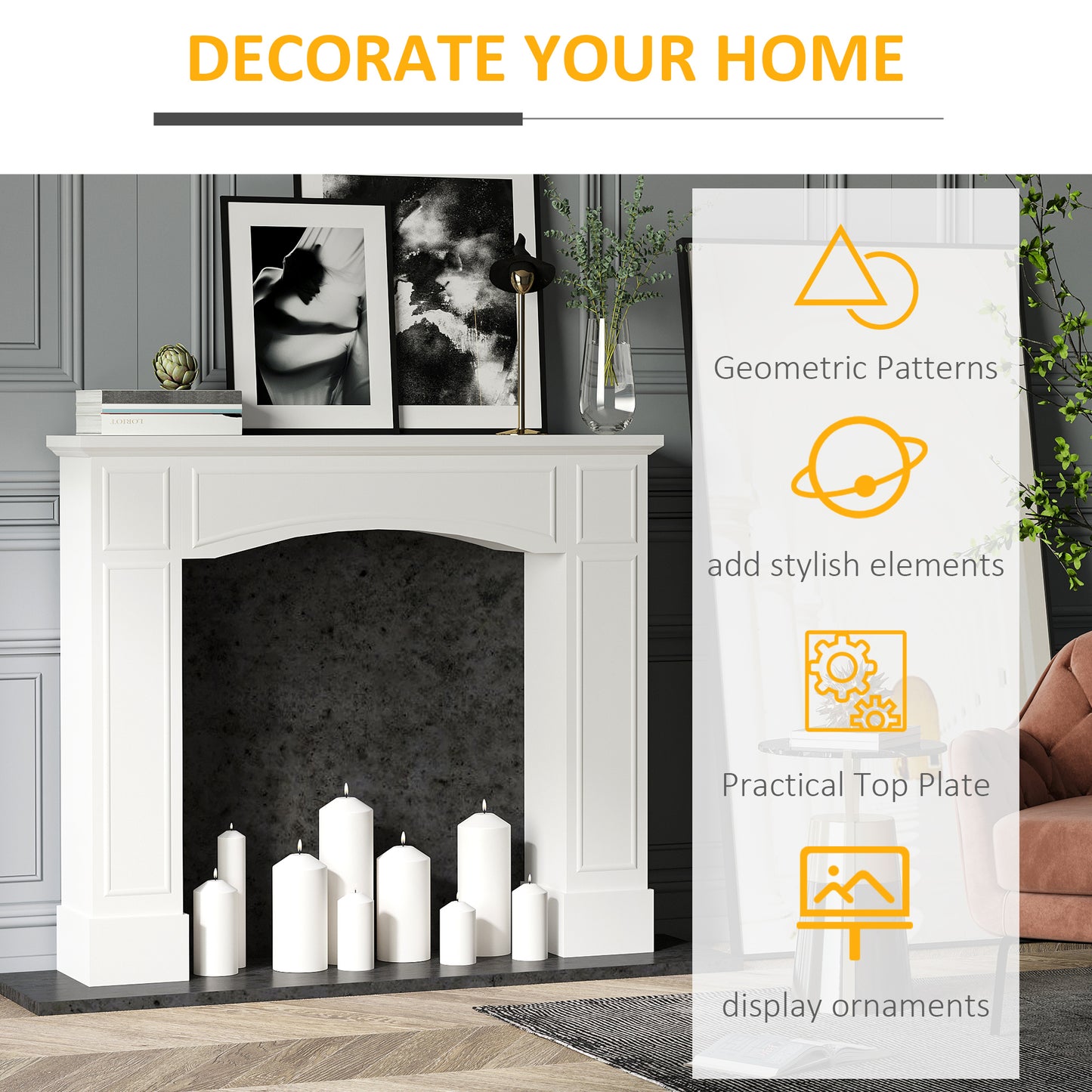 White fireplace mantel with various size white pillar candles on hearth