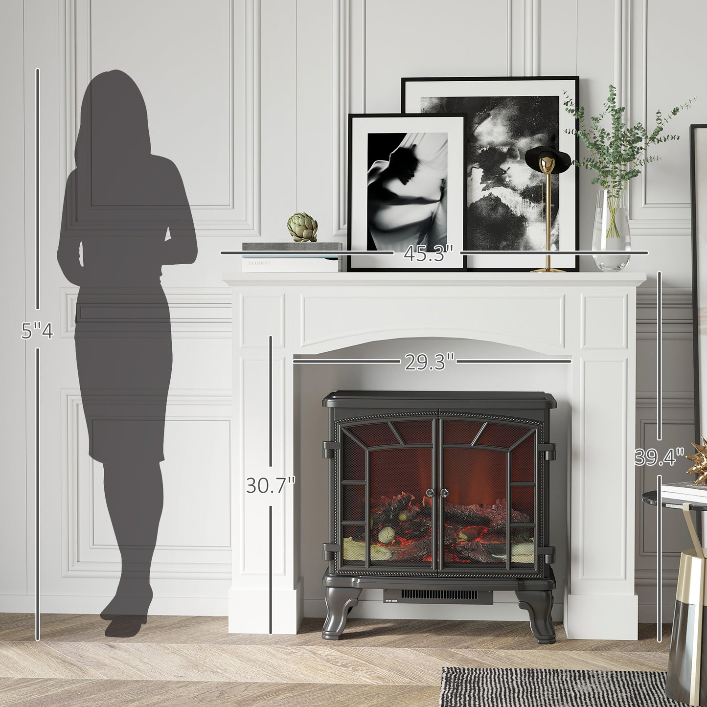 Electric fireplace with a black metal frame and glass doors showing realistic log flames