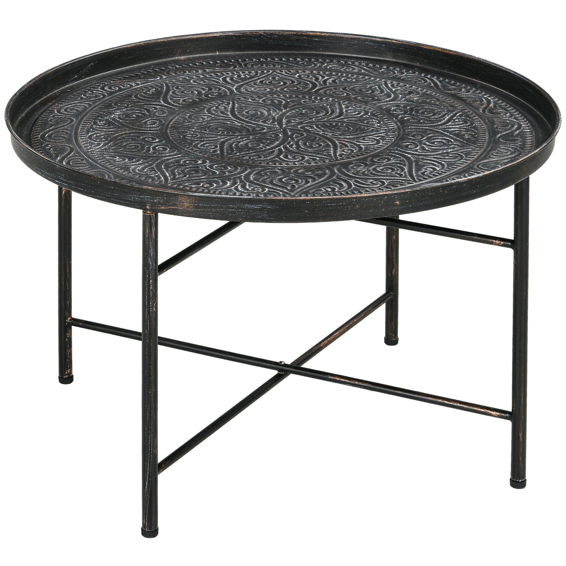 Ornate embossed metal tray table with antique bronze finish perfect for accent decor