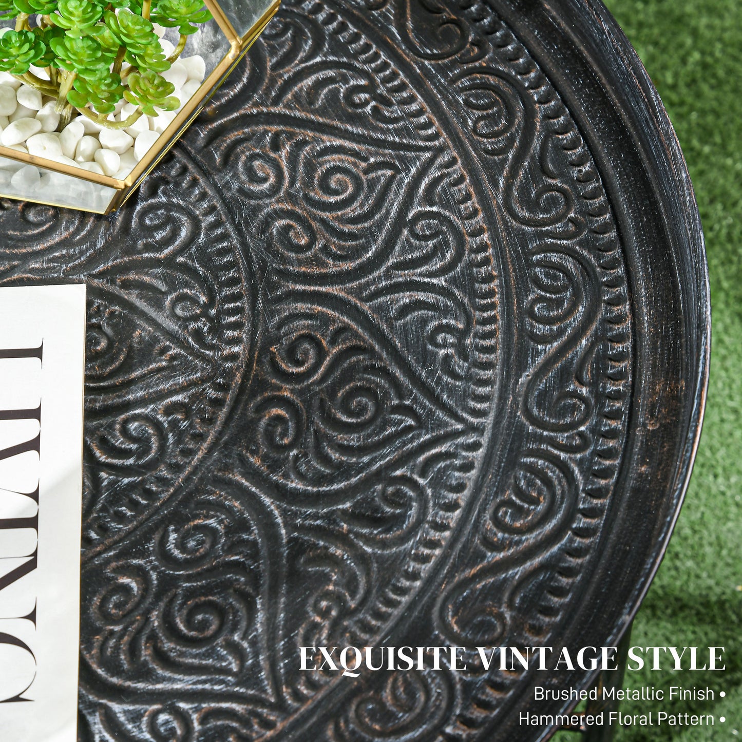Antique metal tray with embossed floral pattern and brushed finish