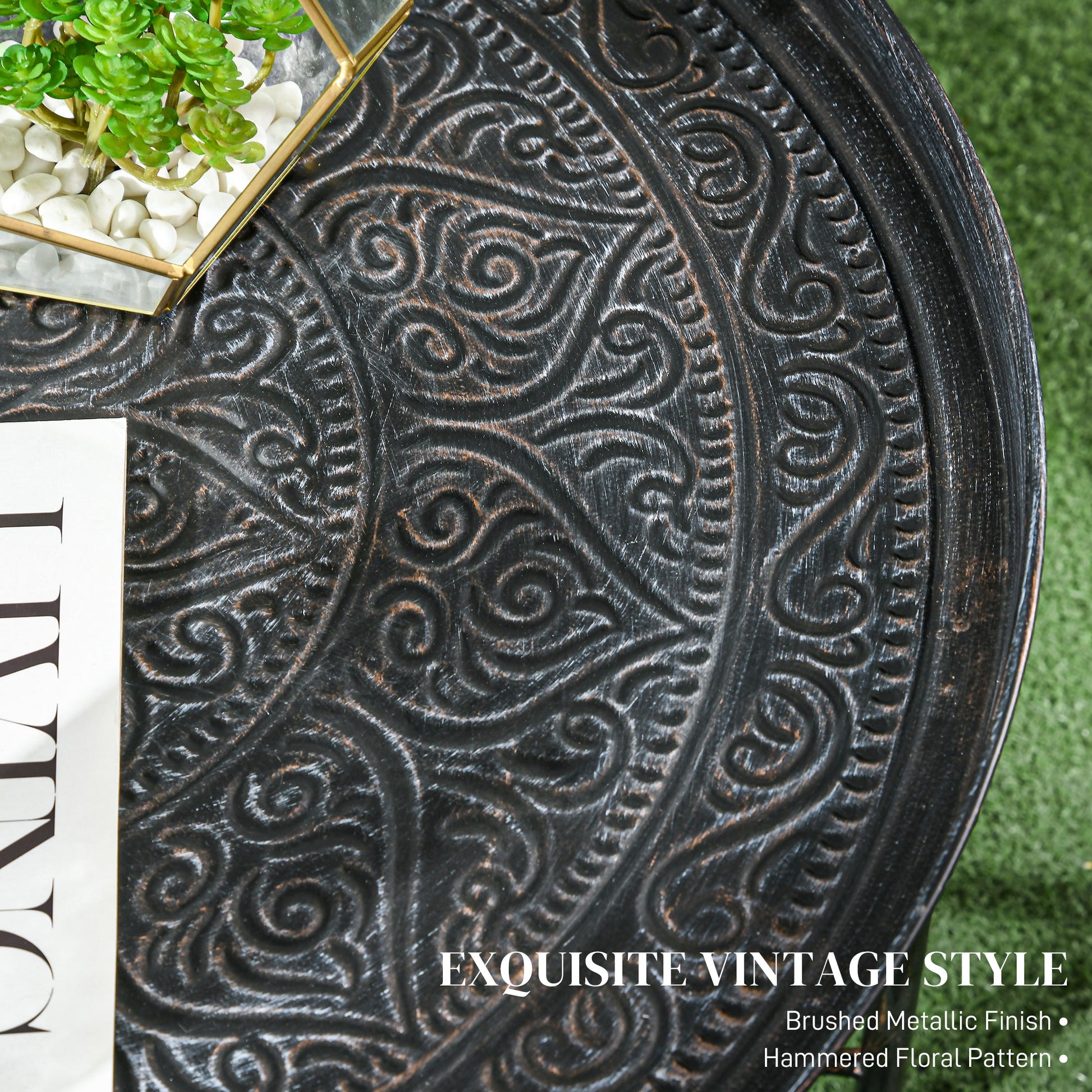 Antique metal tray with embossed floral pattern and brushed finish