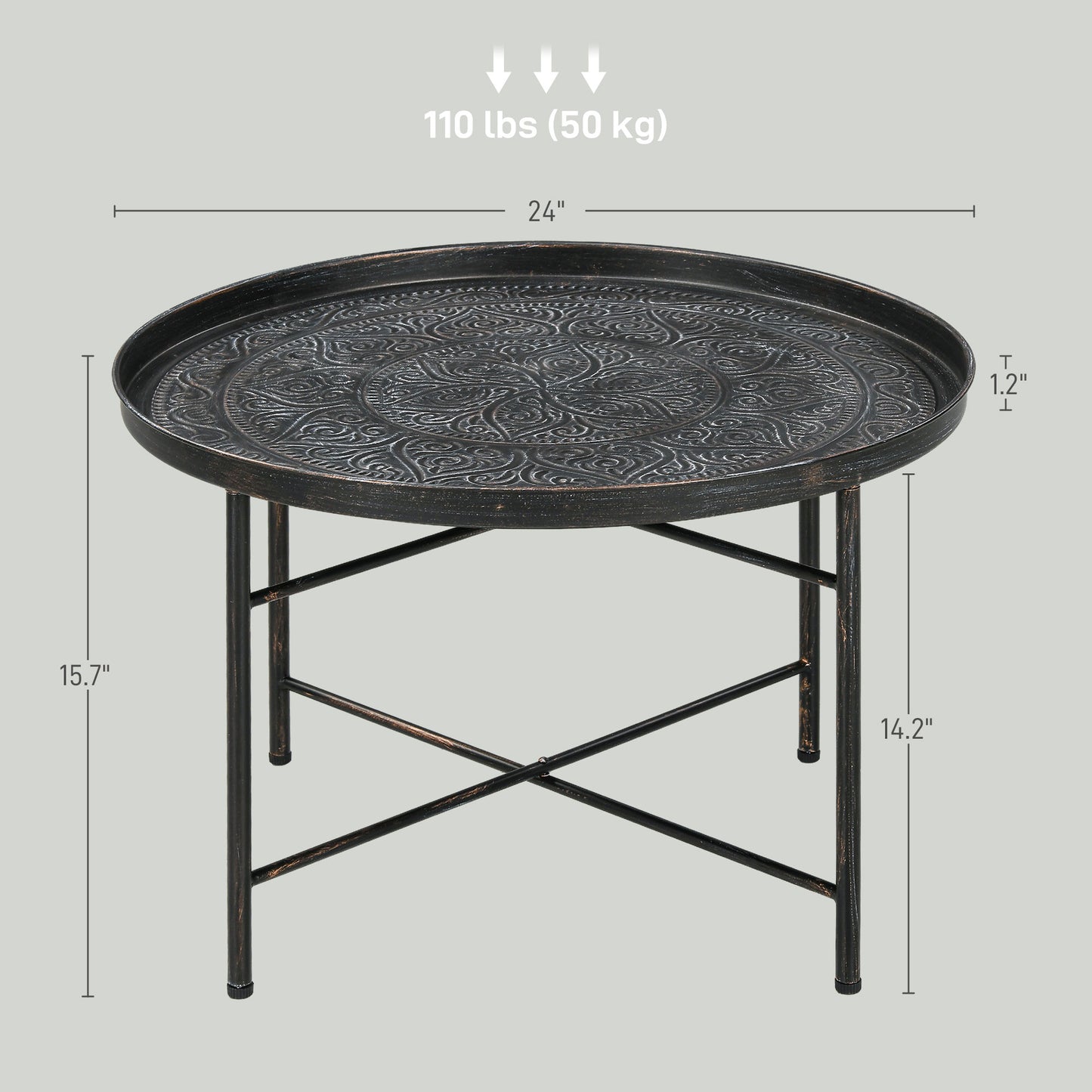 Antique bronze round tray table with intricate embossed pattern  wide